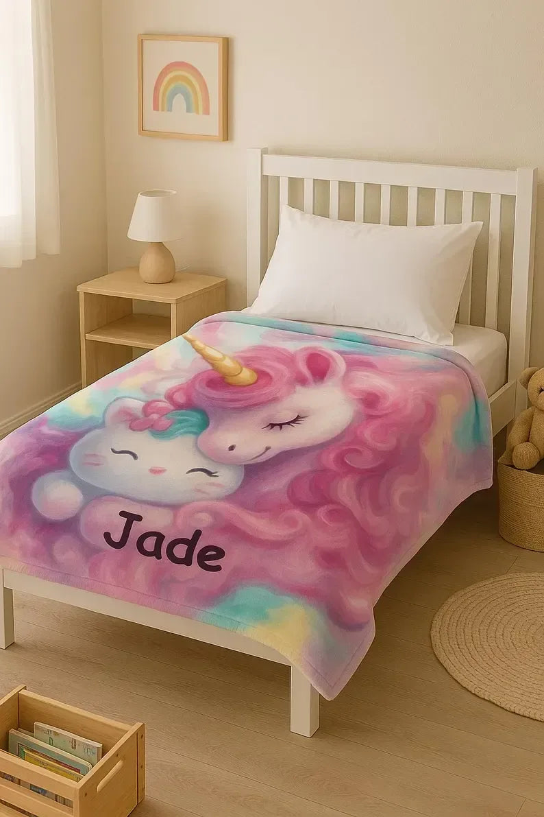 Personalized Unicorn Hello Kitty Fleece Blanket: Custom Name Throw