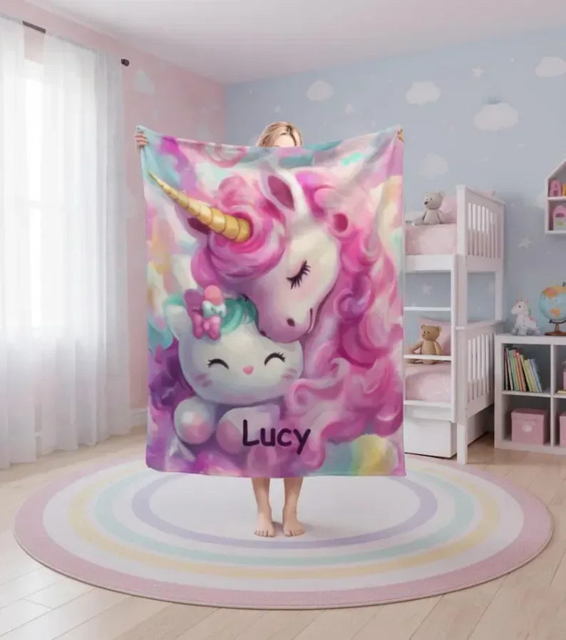 Personalized Unicorn Hello Kitty Fleece Blanket: Custom Name Throw