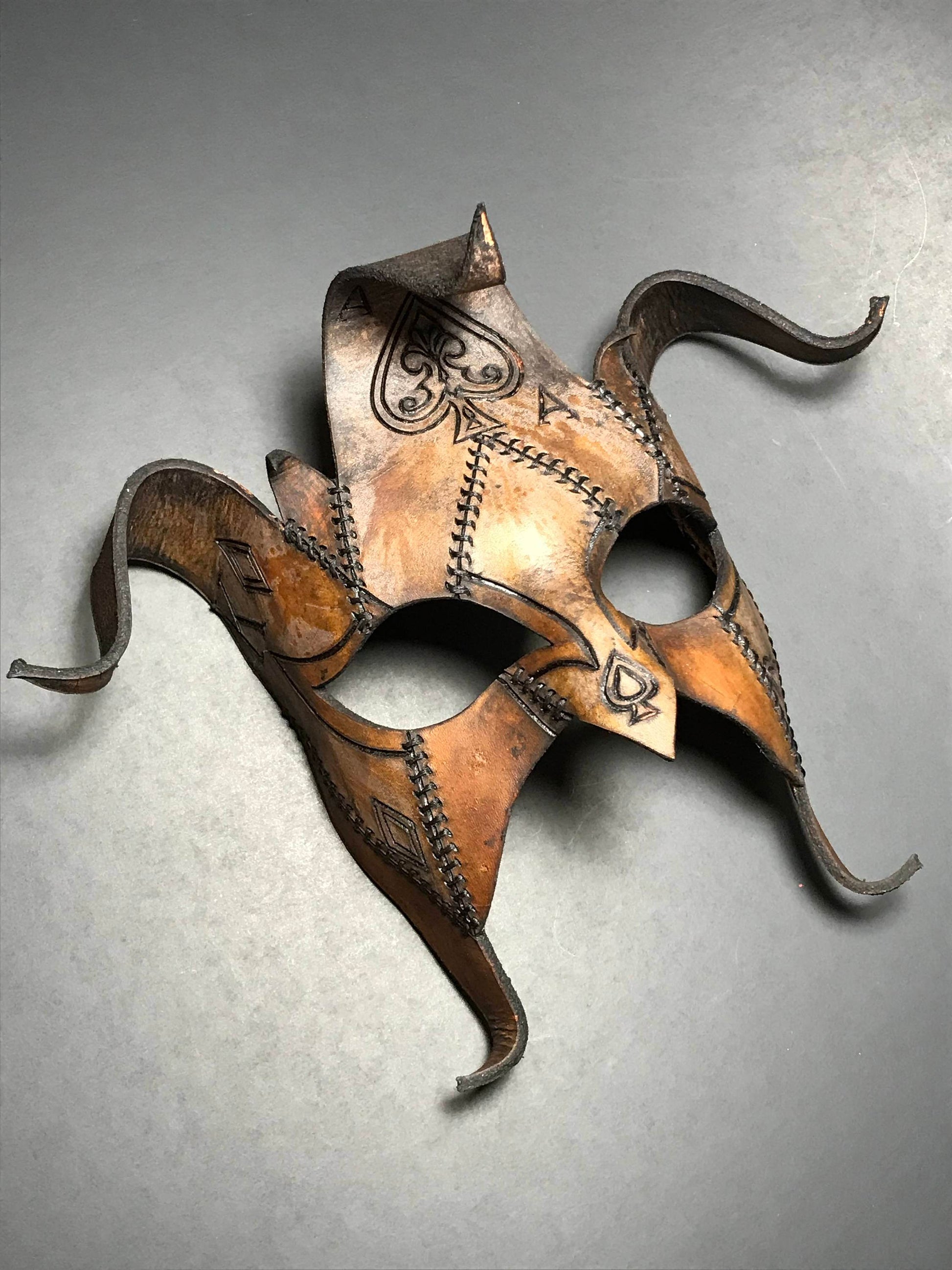 The Joker's Card- Joker Jester Handmade Genuine Leather Mask in Dyed Leather - 