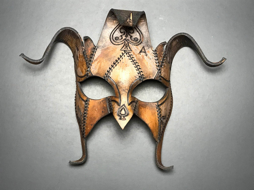 The Joker's Card- Joker Jester Handmade Genuine Leather Mask in Dyed Leather - 