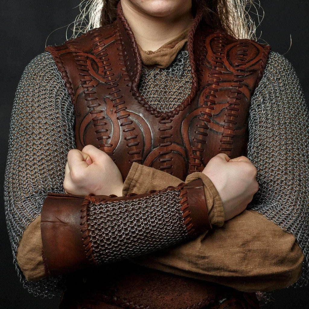Viking leather bracers with сhainmai - brown (as pictured)