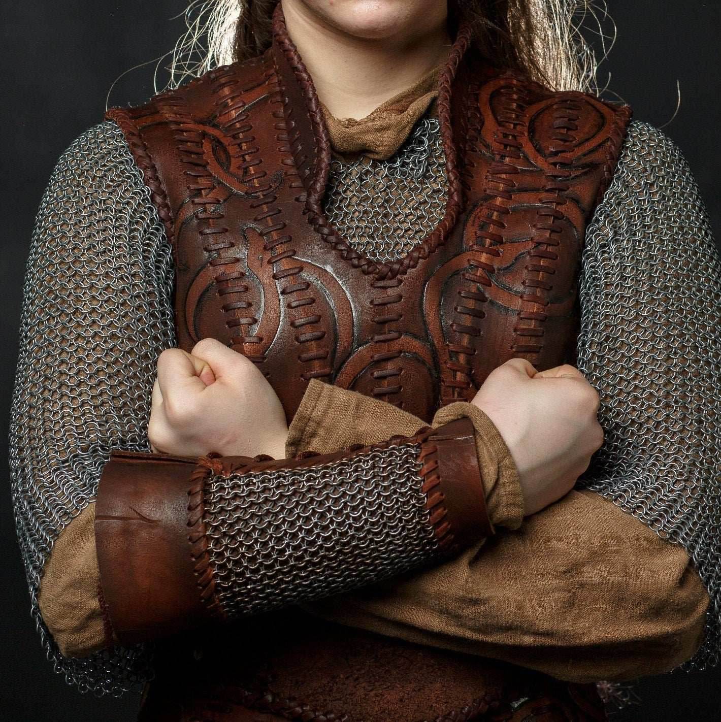Viking leather bracers with сhainmai - brown (as pictured)