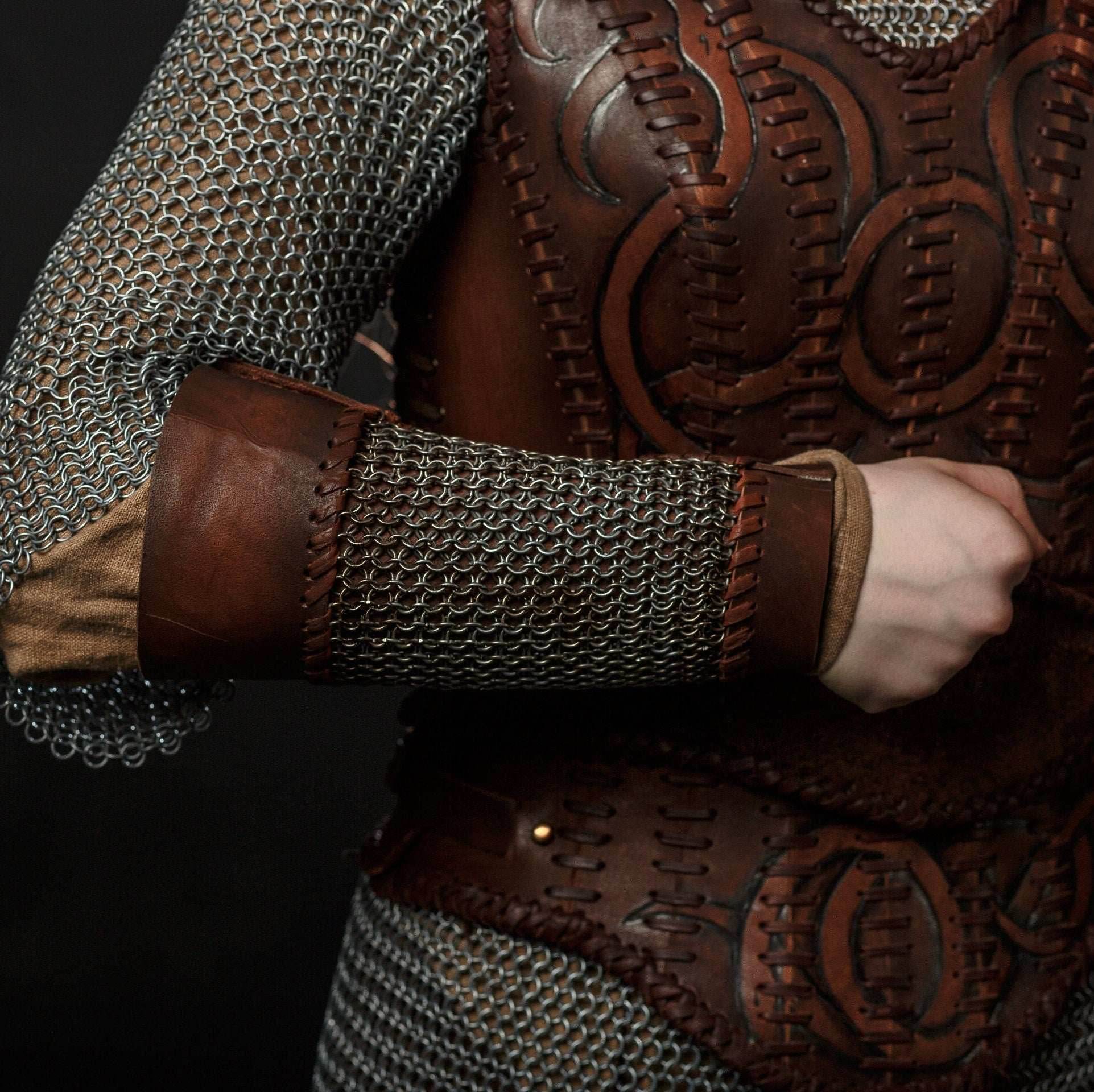Viking leather bracers with сhainmai - brown (as pictured)