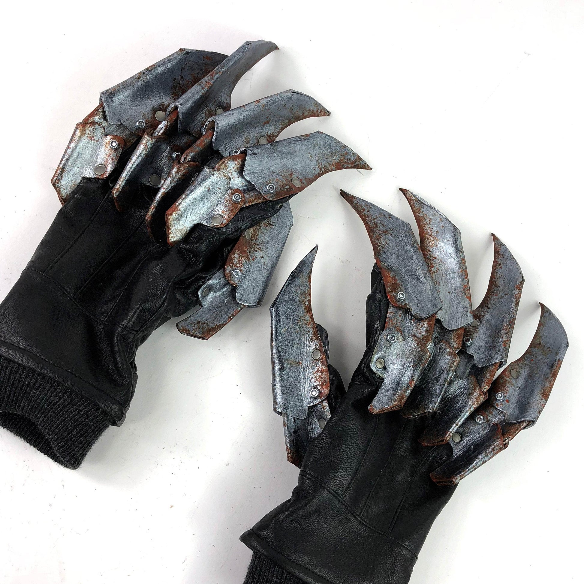 One Set of Two Handcrafted Genuine Leather Gloves with Claws in Rusted Metal Paint - 
