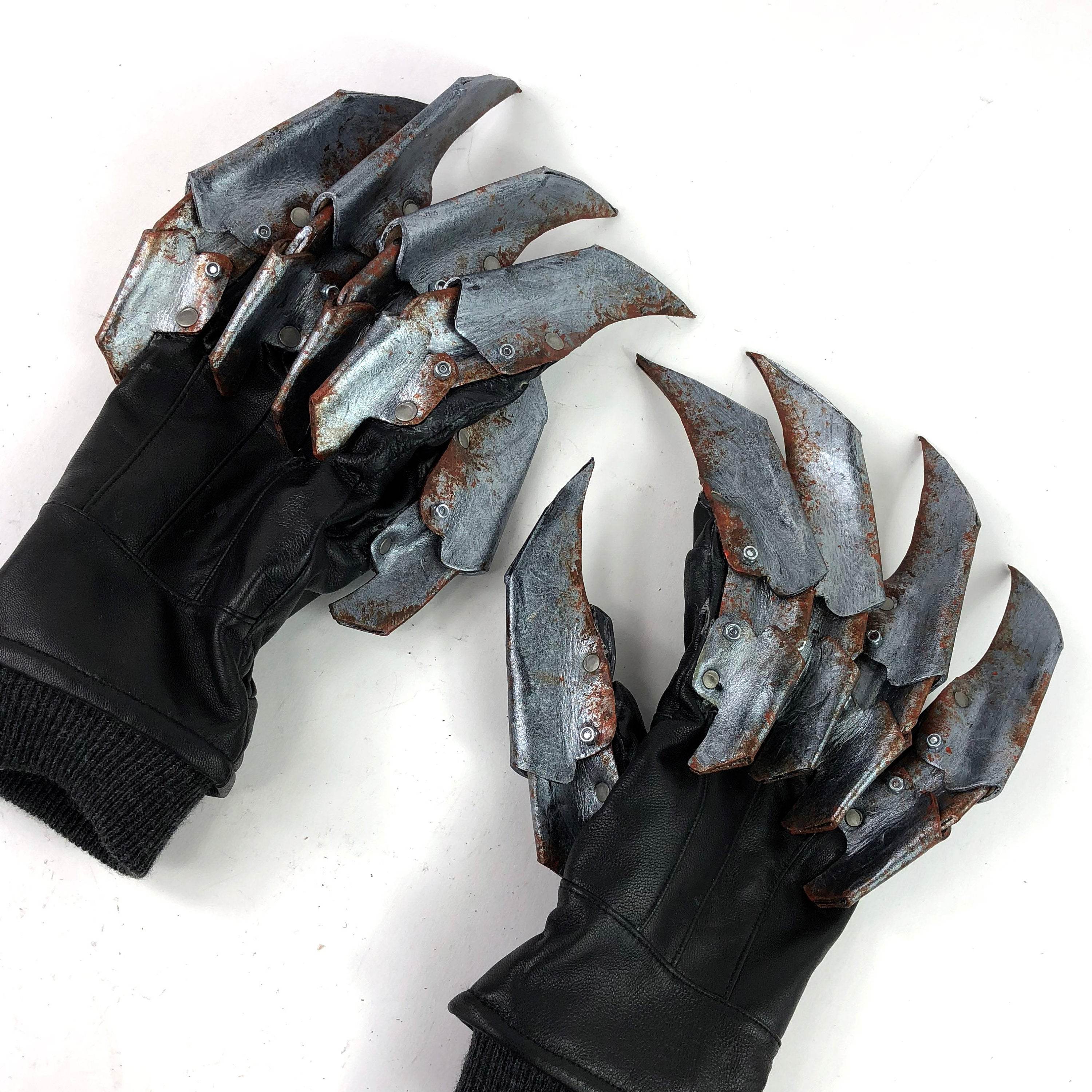 One Set of Two Handcrafted Genuine Leather Gloves with Claws in Rusted Metal Paint - 