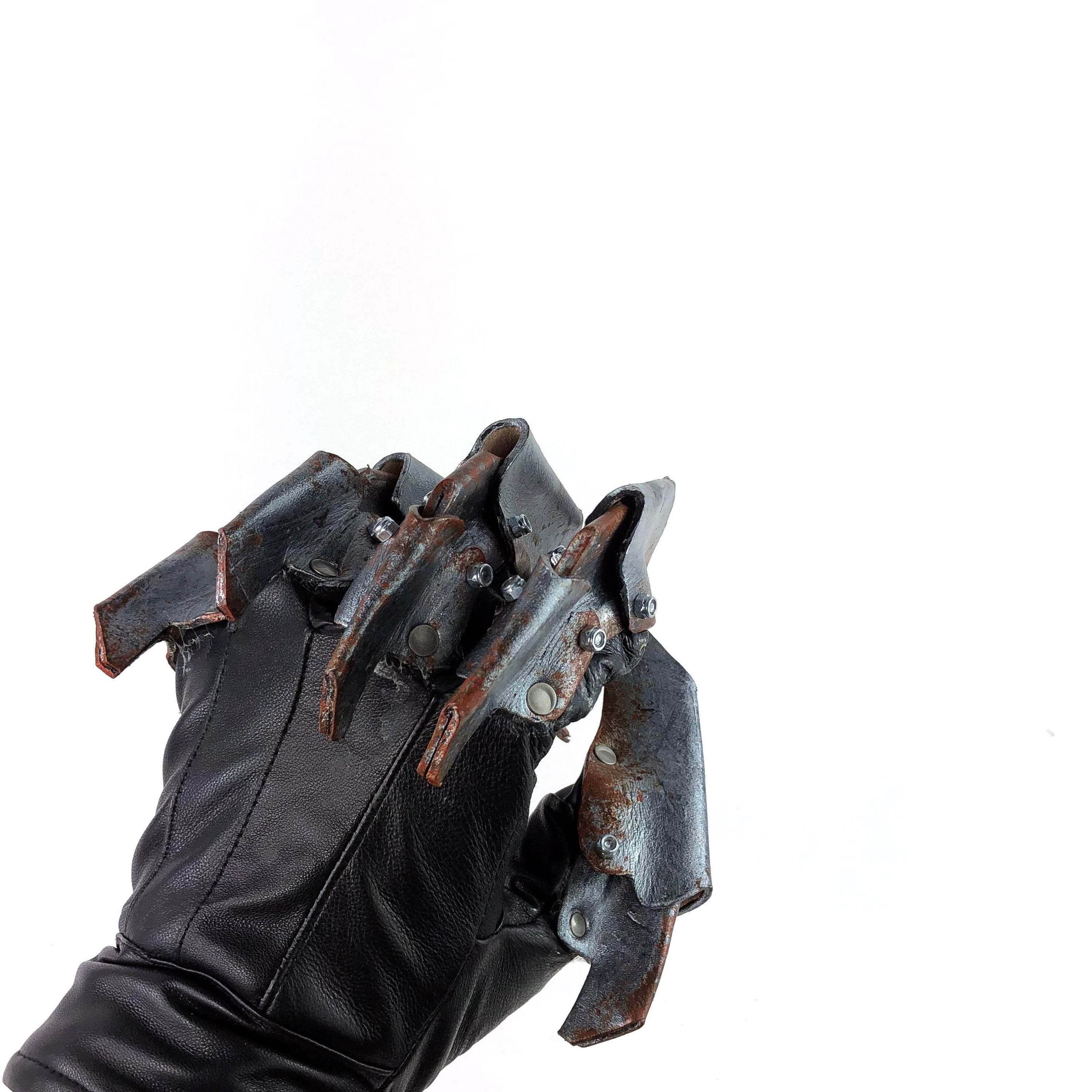 One Set of Two Handcrafted Genuine Leather Gloves with Claws in Rusted Metal Paint - 