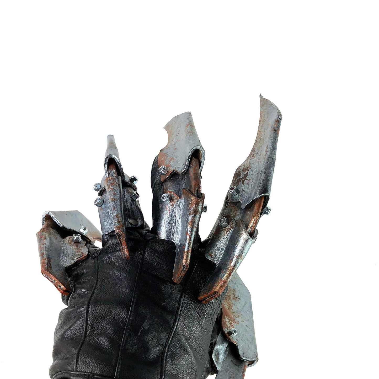 One Set of Two Handcrafted Genuine Leather Gloves with Claws in Rusted Metal Paint - 