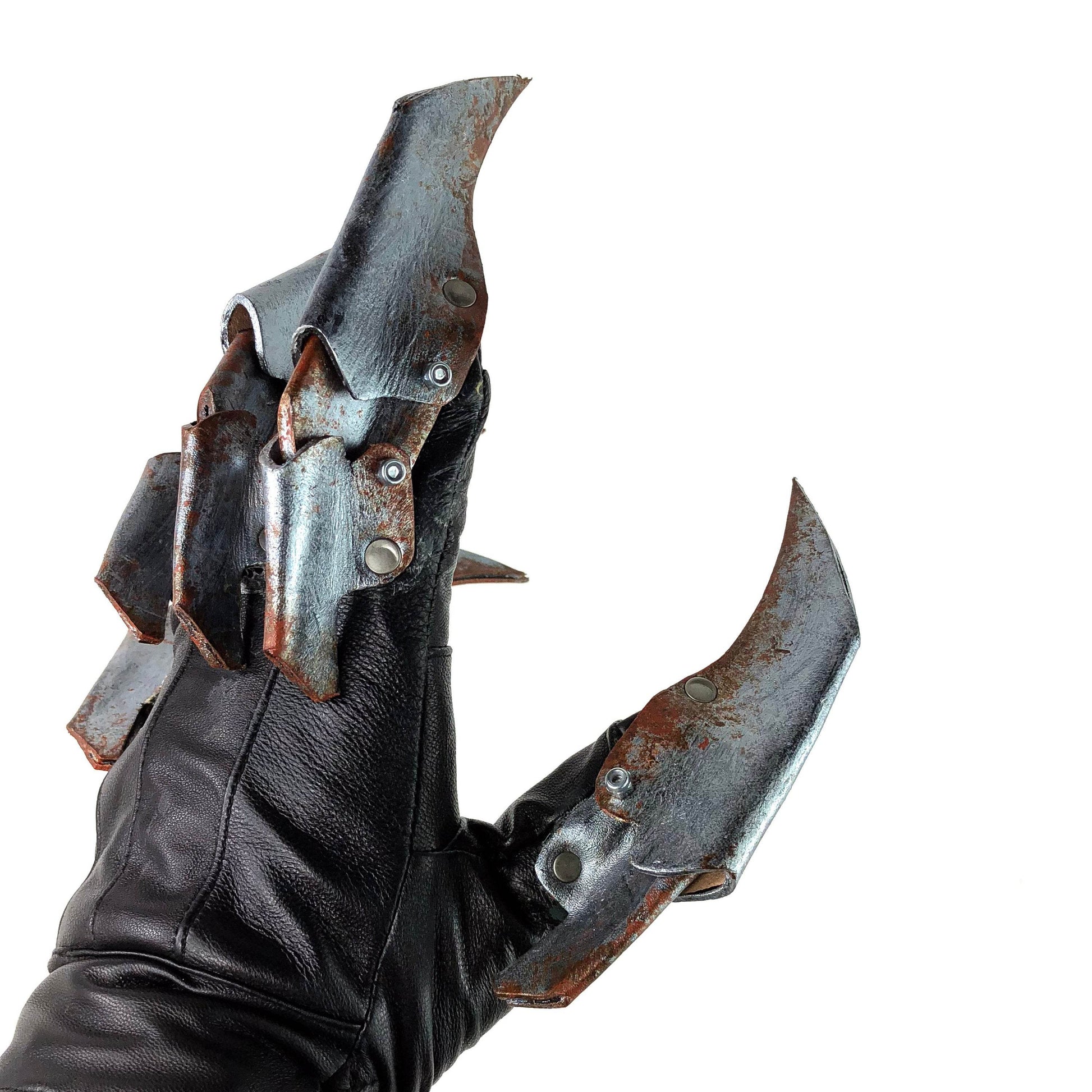 One Set of Two Handcrafted Genuine Leather Gloves with Claws in Rusted Metal Paint - 