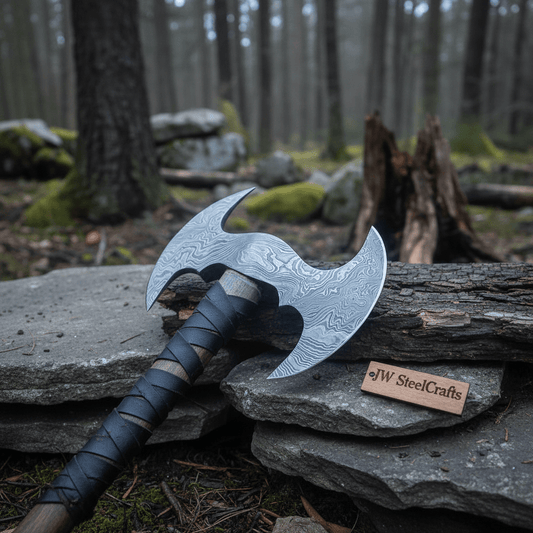 Custom Hand Forged Damascus Steel Viking Double Bit Throwing Axe with Hardwood Handle and Leather Sheath | JW SteelCrafts
