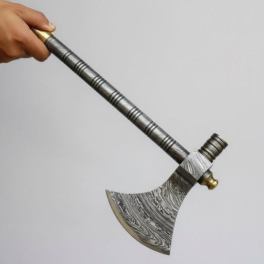 Damascus Steel Tabar Style Hand Axe with Crescent Edge and Spike | JW SteelCrafts