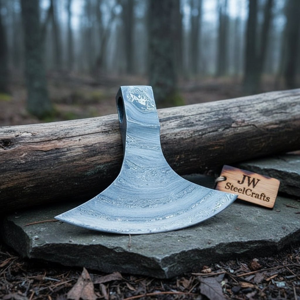 Damascus Steel Bearded Axe Head Blank – Hand Forged Viking Axe Head for Custom Handle Making | JW SteelCrafts