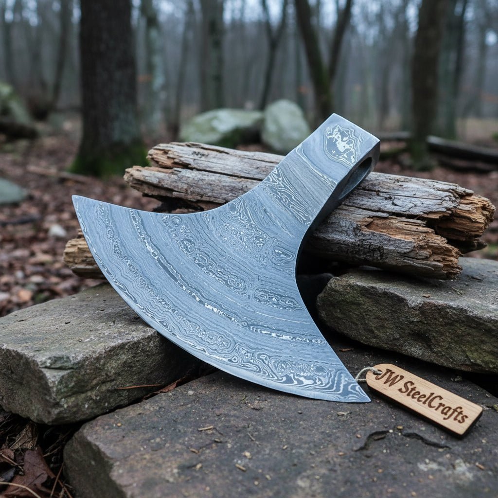 Damascus Steel Bearded Axe Head Blank – Hand Forged Viking Axe Head for Custom Handle Making | JW SteelCrafts