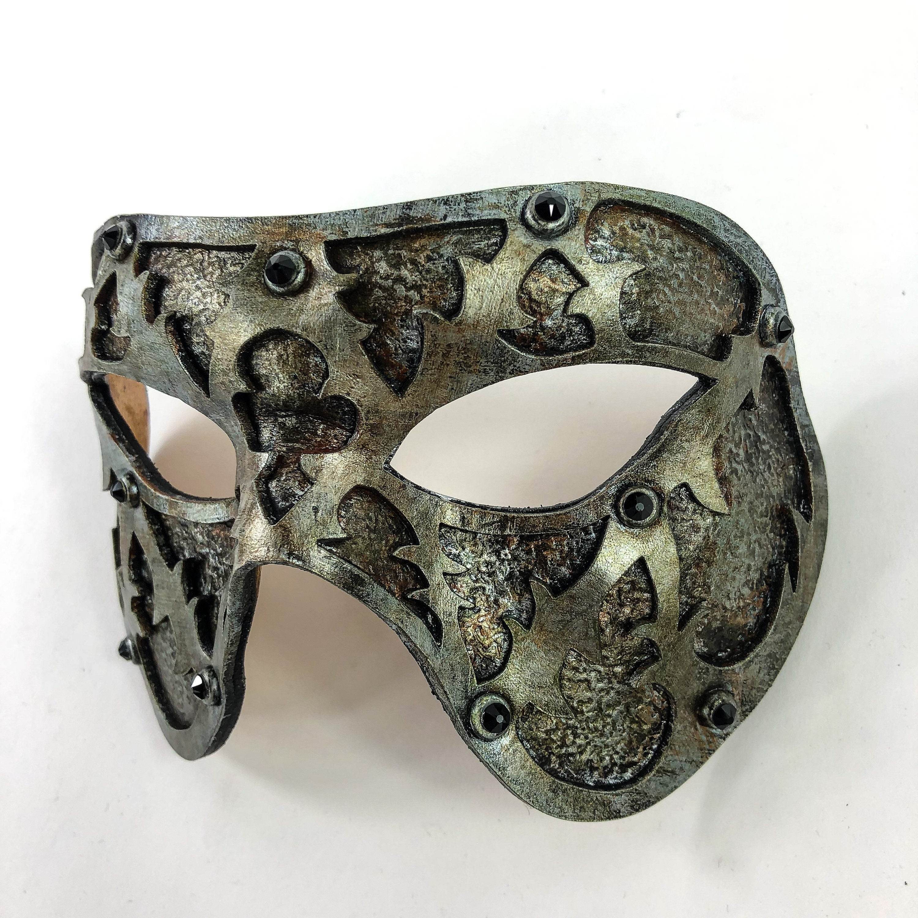 Dual Layer Handmade Genuine Leather Mask in Silver Rust with Swarovski Crystals - 