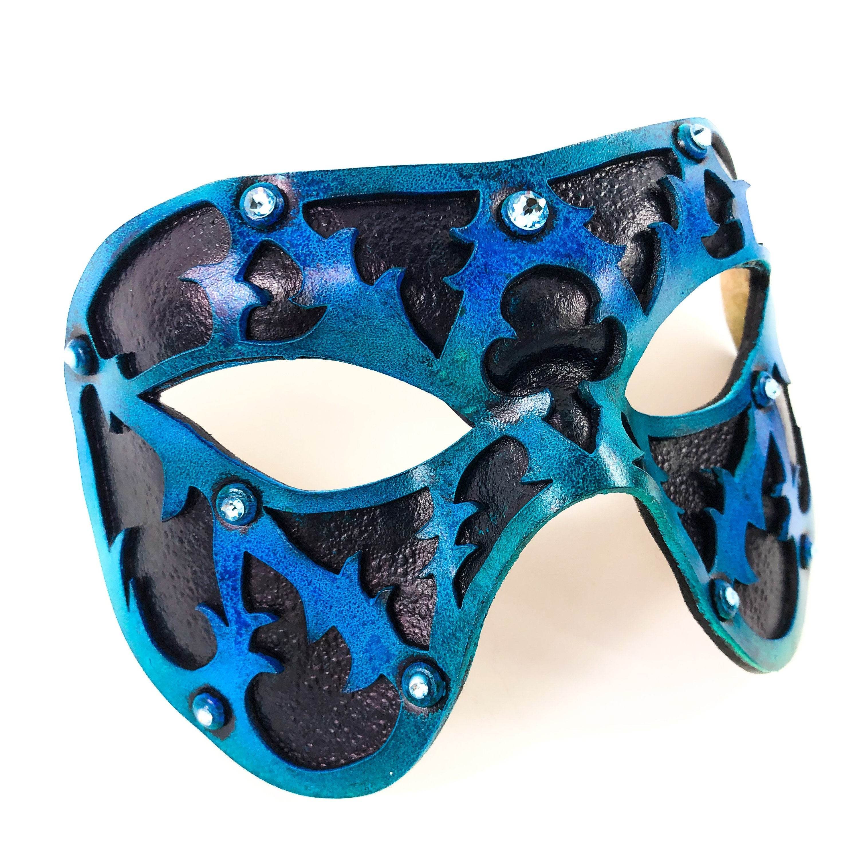 Dual Layer Handmade Genuine Leather Mask in Blue and Black with Swarovski Crystals - 