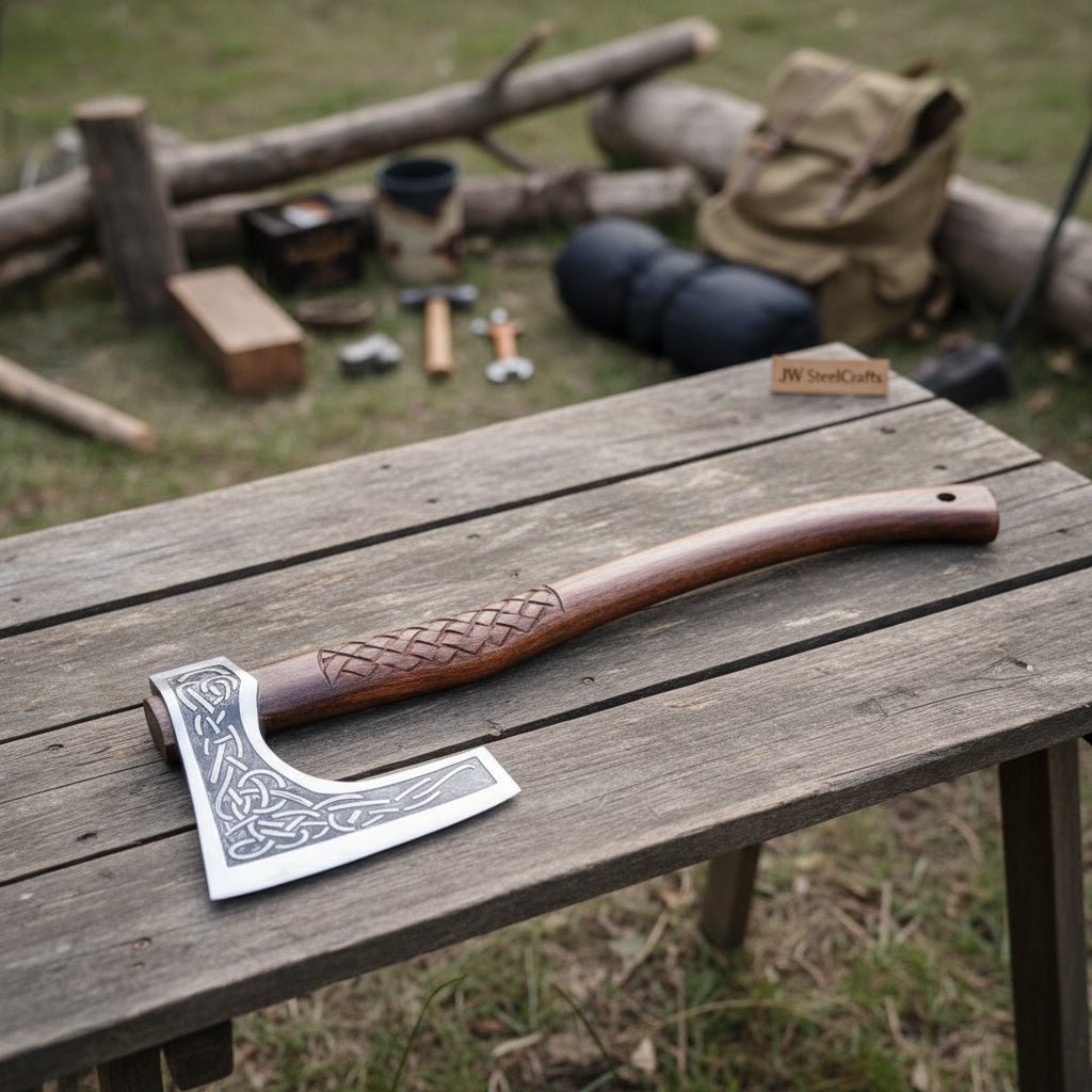 Hand-Forged Viking Bearded Camp Axe with Engraved Head and Leather Wrapped Handle