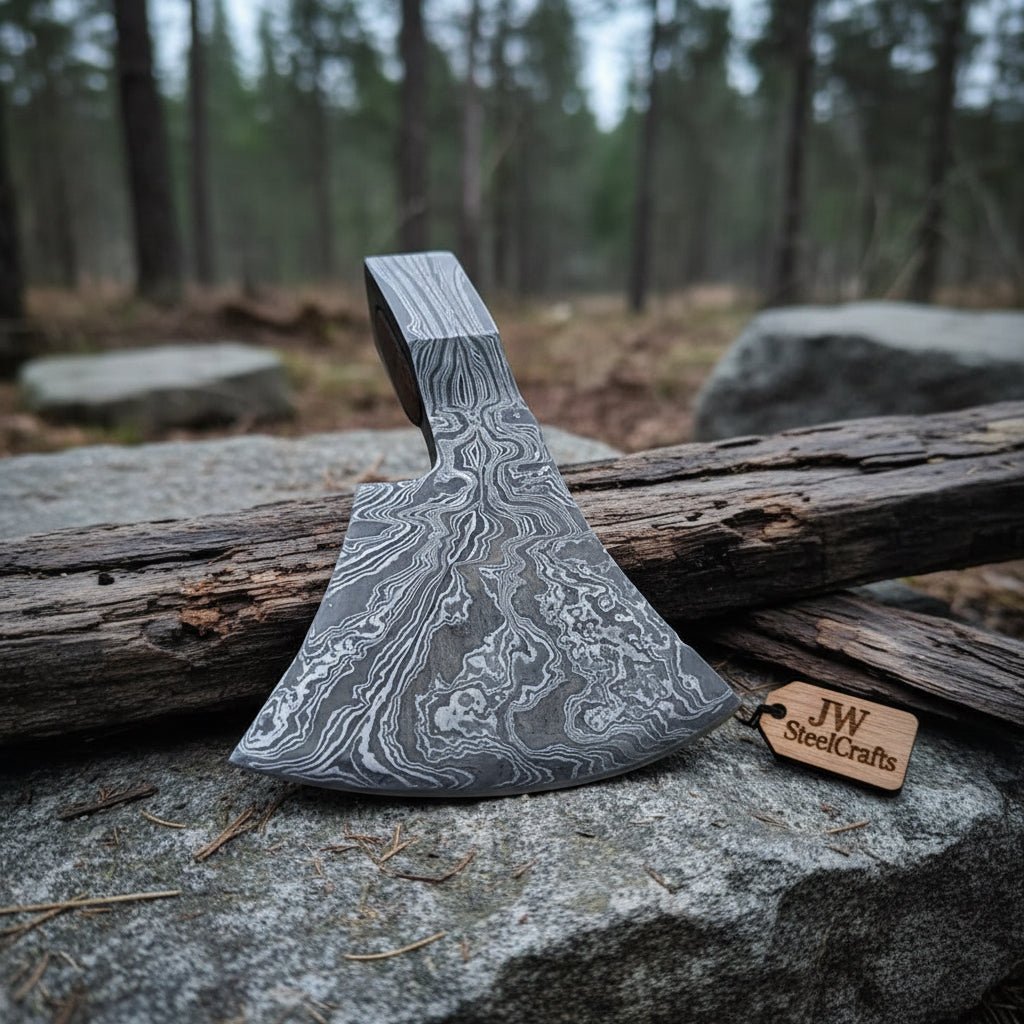 Custom Damascus Steel Axe Head Blank – Hand Forged Bearded Axe Blade for Handle Making | JW SteelCrafts