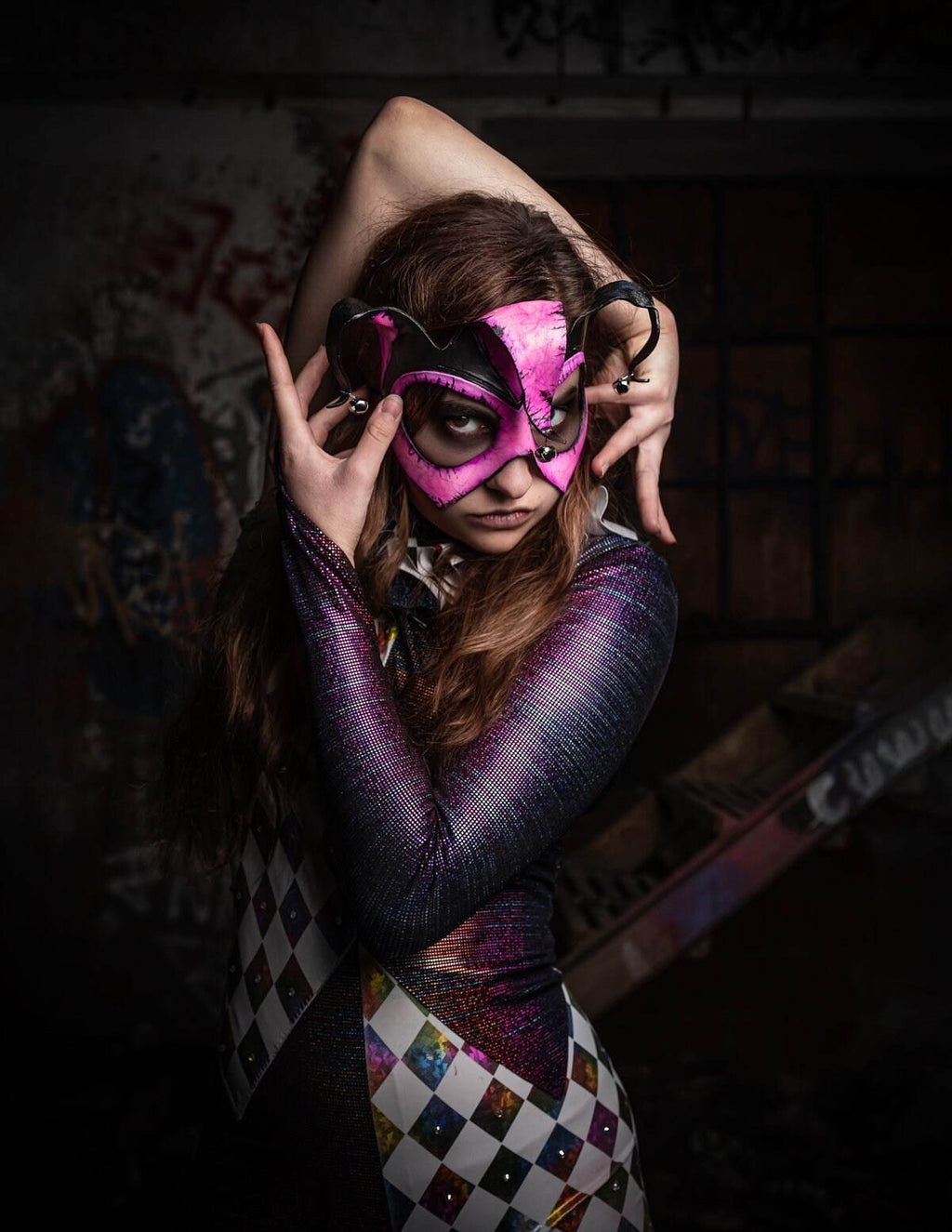 Handmade Genuine Leather 3 Point Jester Mask in Pink - 