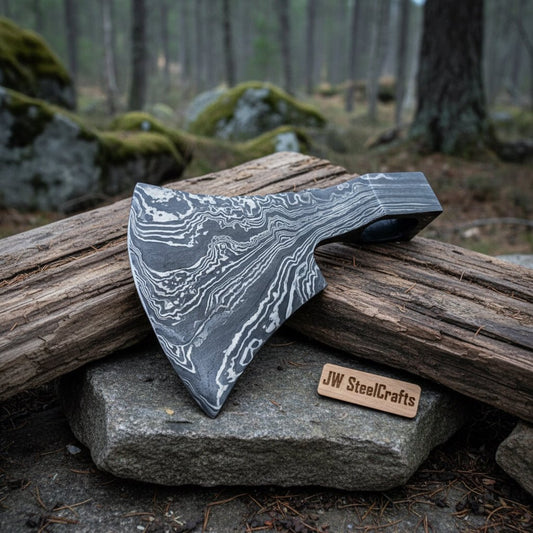 Custom Damascus Steel Axe Head Blank – Hand Forged Bearded Axe Blade for Handle Making | JW SteelCrafts