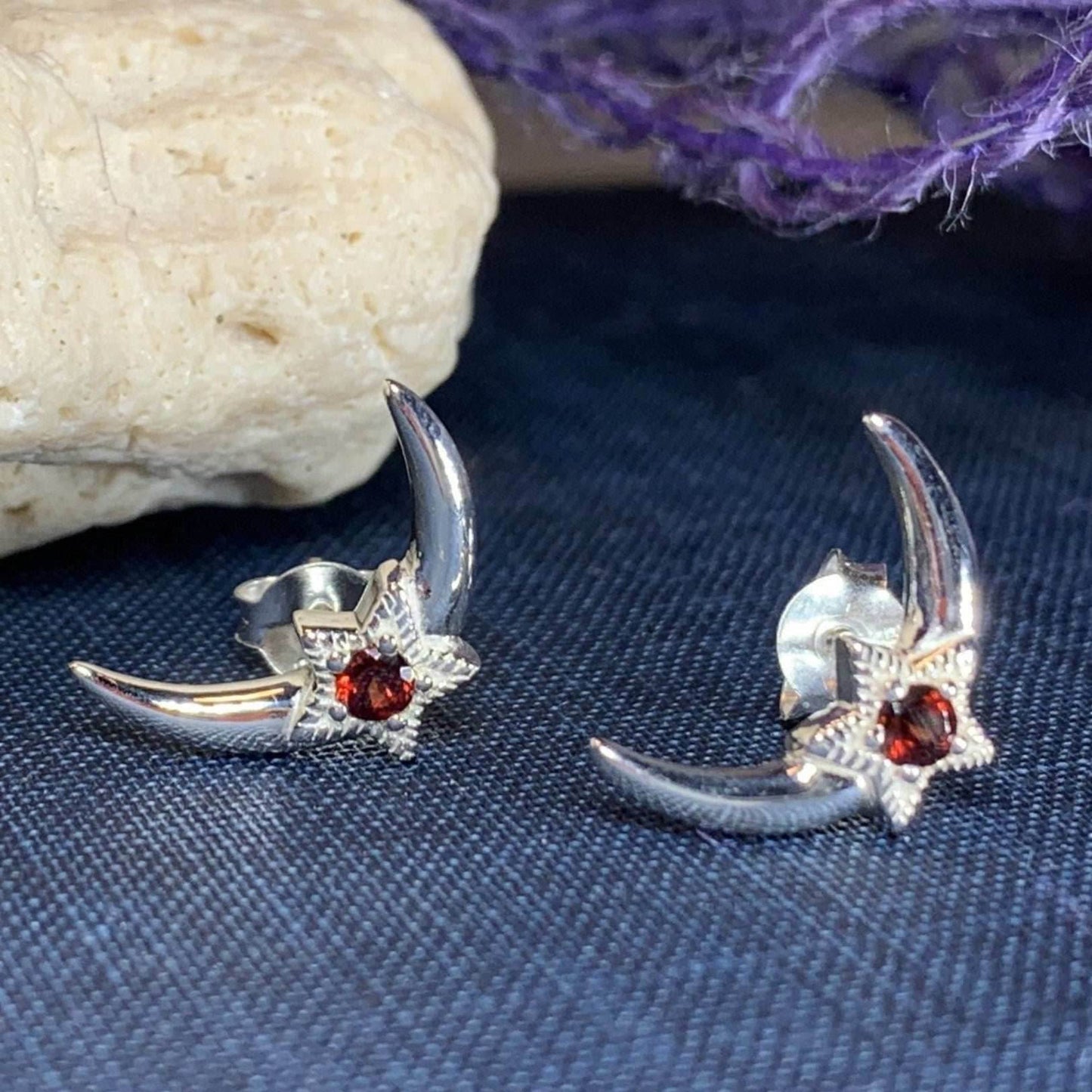 Moon & Stars Post Earrings - Garnet