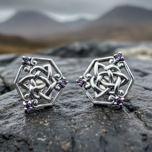 Amethyst Trinity Knot Stud Earrings