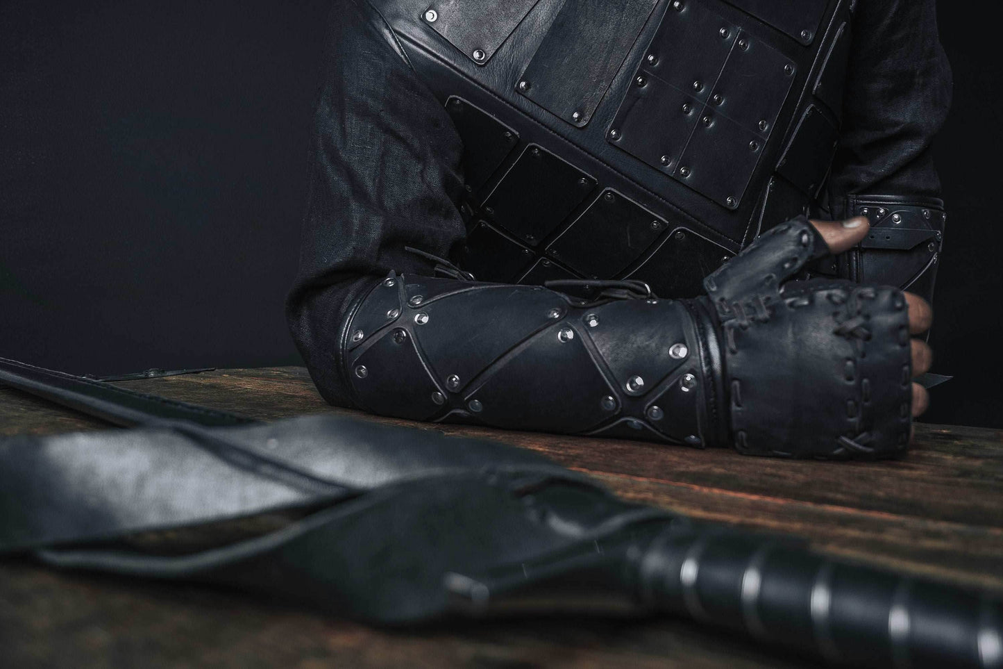Medieval leather bracers with hand protection - for one hand