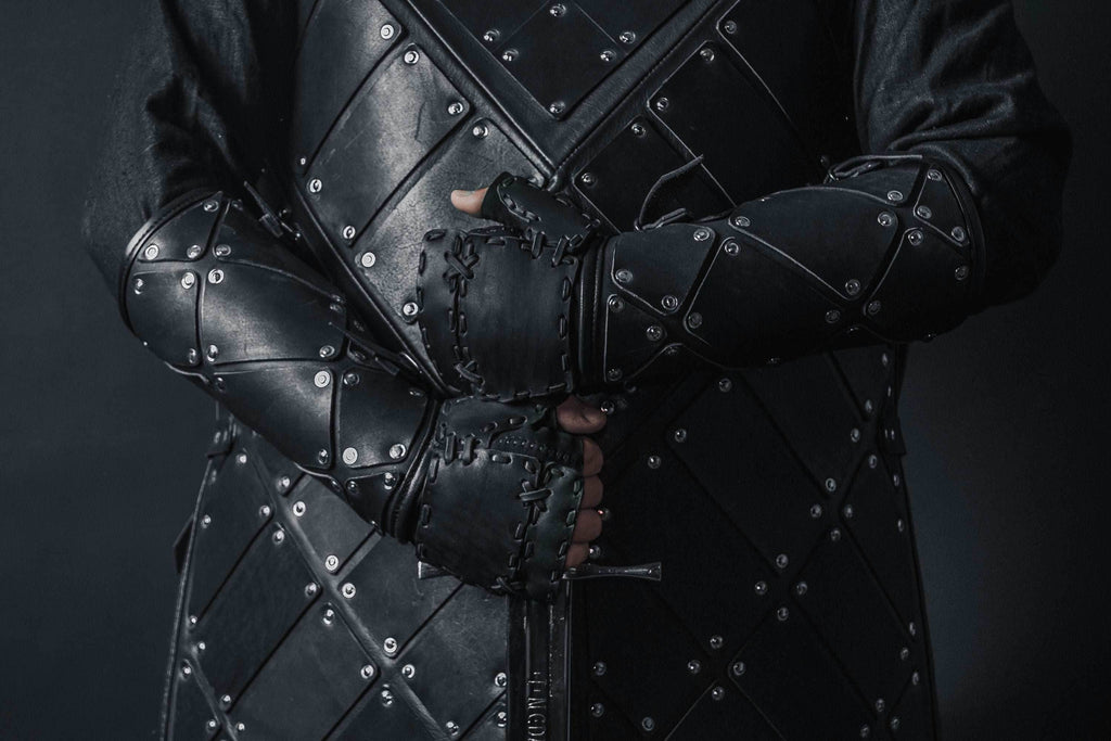 Medieval leather bracers with hand protection - for one hand