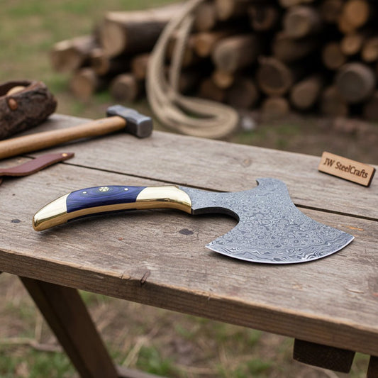 Handmade Damascus Steel Hatchet – Custom Hand Forged Camping Axe with Hardwood Handle & Leather Sheath | JW SteelCrafts