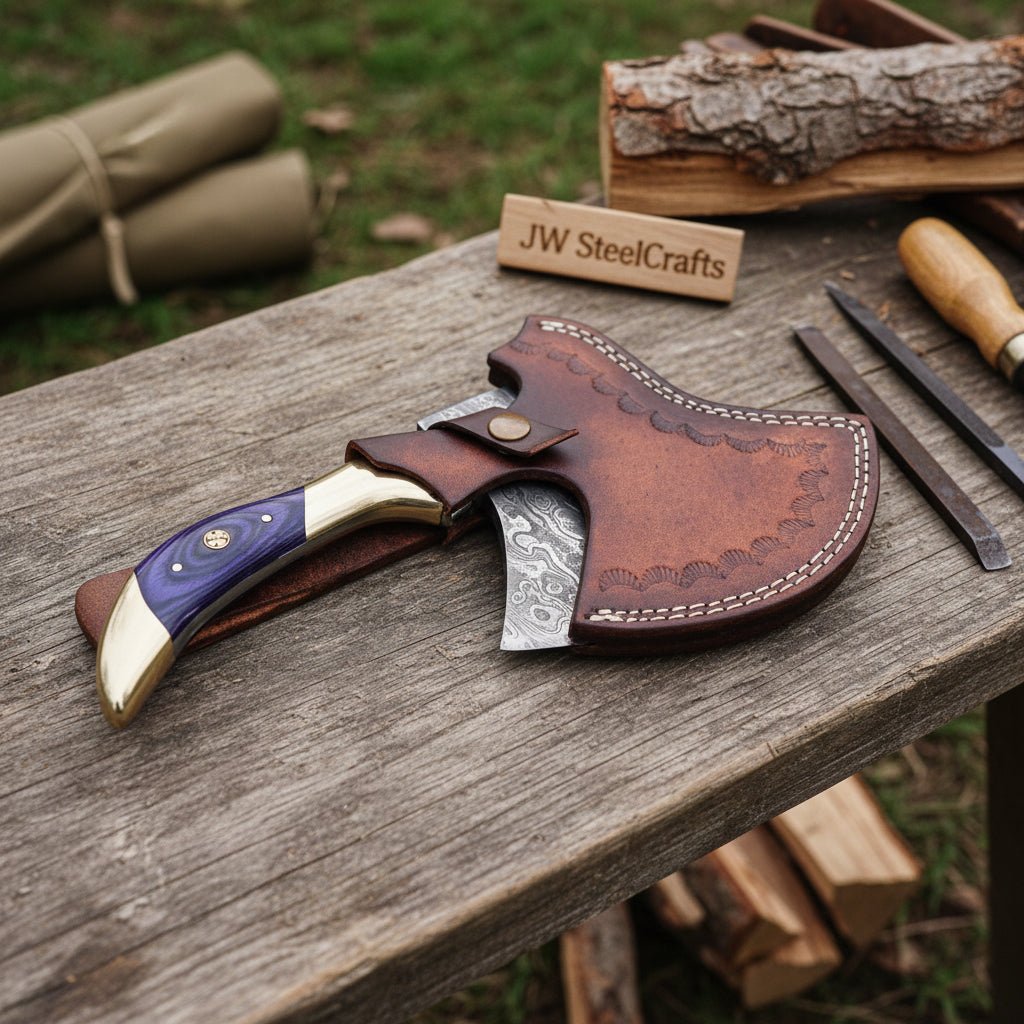 Handmade Damascus Steel Hatchet – Custom Hand Forged Camping Axe with Hardwood Handle & Leather Sheath | JW SteelCrafts