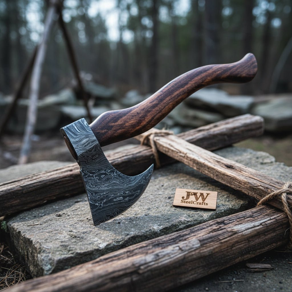 Handmade Damascus Steel Tomahawk Axe – Hand Forged Bearded Hatchet with Curved Hardwood Handle for Camping and Bushcraft | JW SteelCrafts