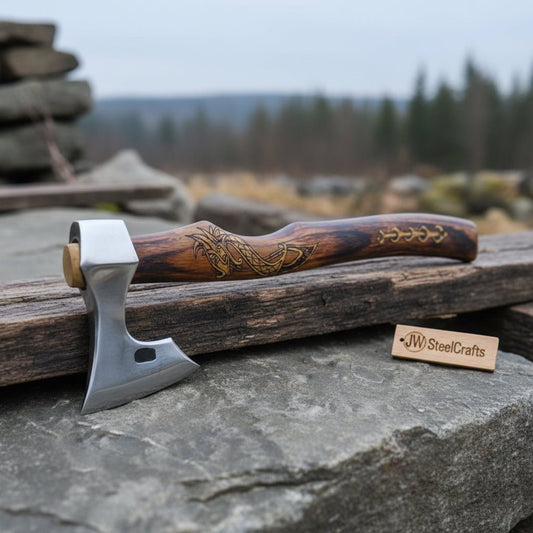 Hand Forged Damascus Steel Viking Axe – 18” Bearded Bushcraft Hatchet with Hardwood Handle | JW SteelCrafts
