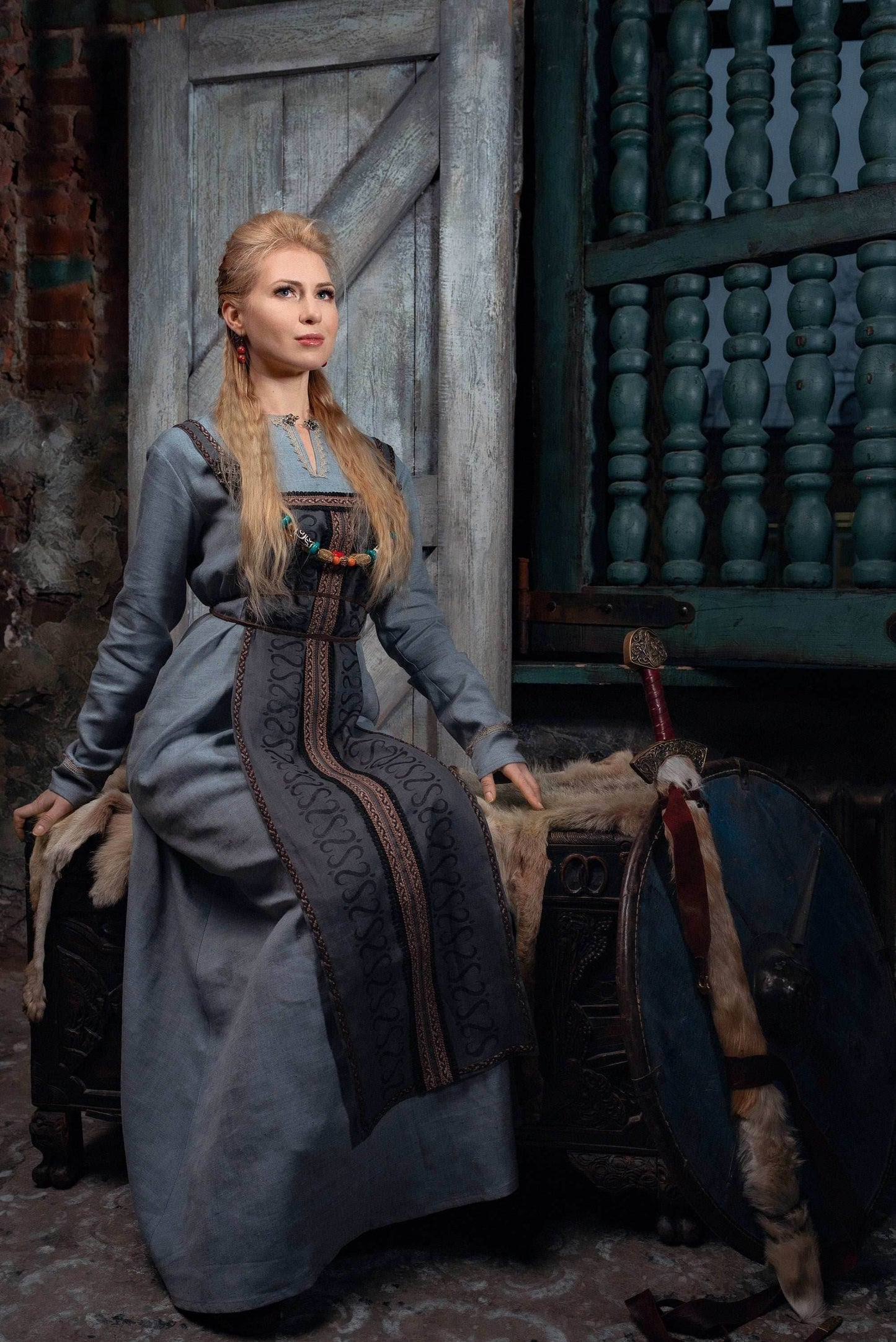 Viking dress with overdress - S / Only linen dress