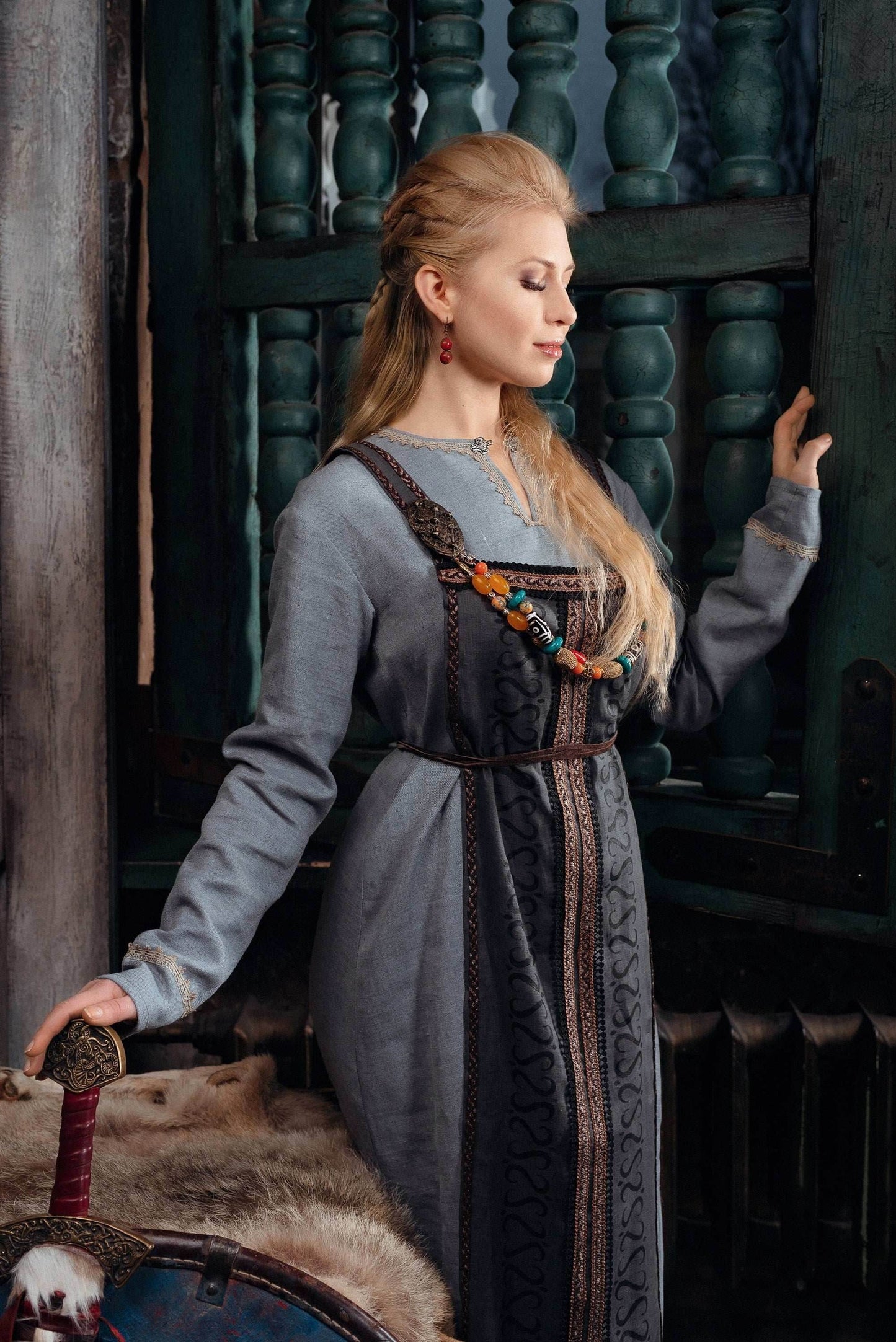 Viking dress with overdress - S / Only linen dress