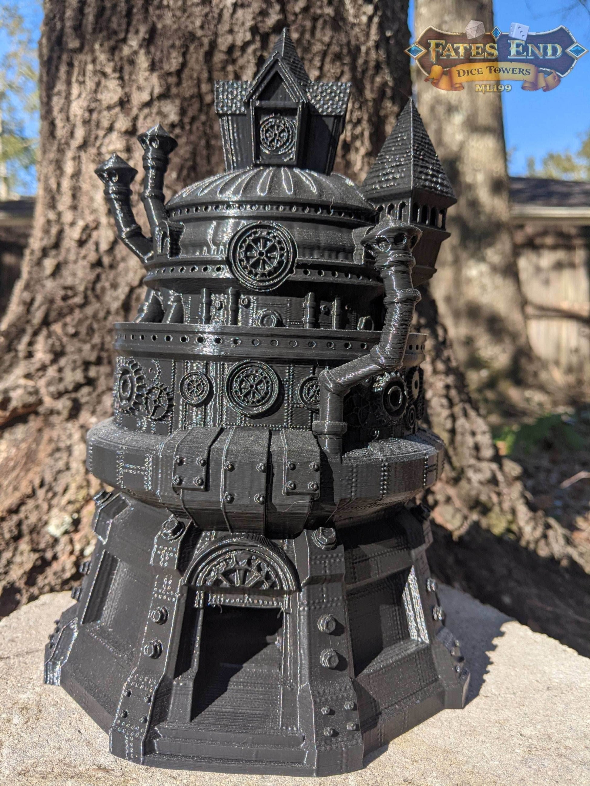 Artificer Class Steampunk 3D Printed Dice Tower- Fate's End - Embrace Precision with a Masterpiece of Dice-Rolling Ingenuity - Black / Yes- Include Random Dice Set