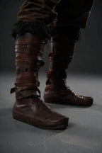 Assassin leather low boots + greaves with fur - brown (lie photo) / 5