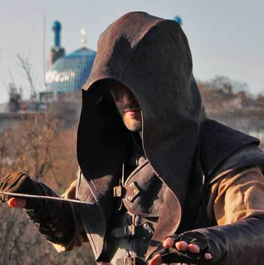 Medieval leather hood (Assassin) - S / Black