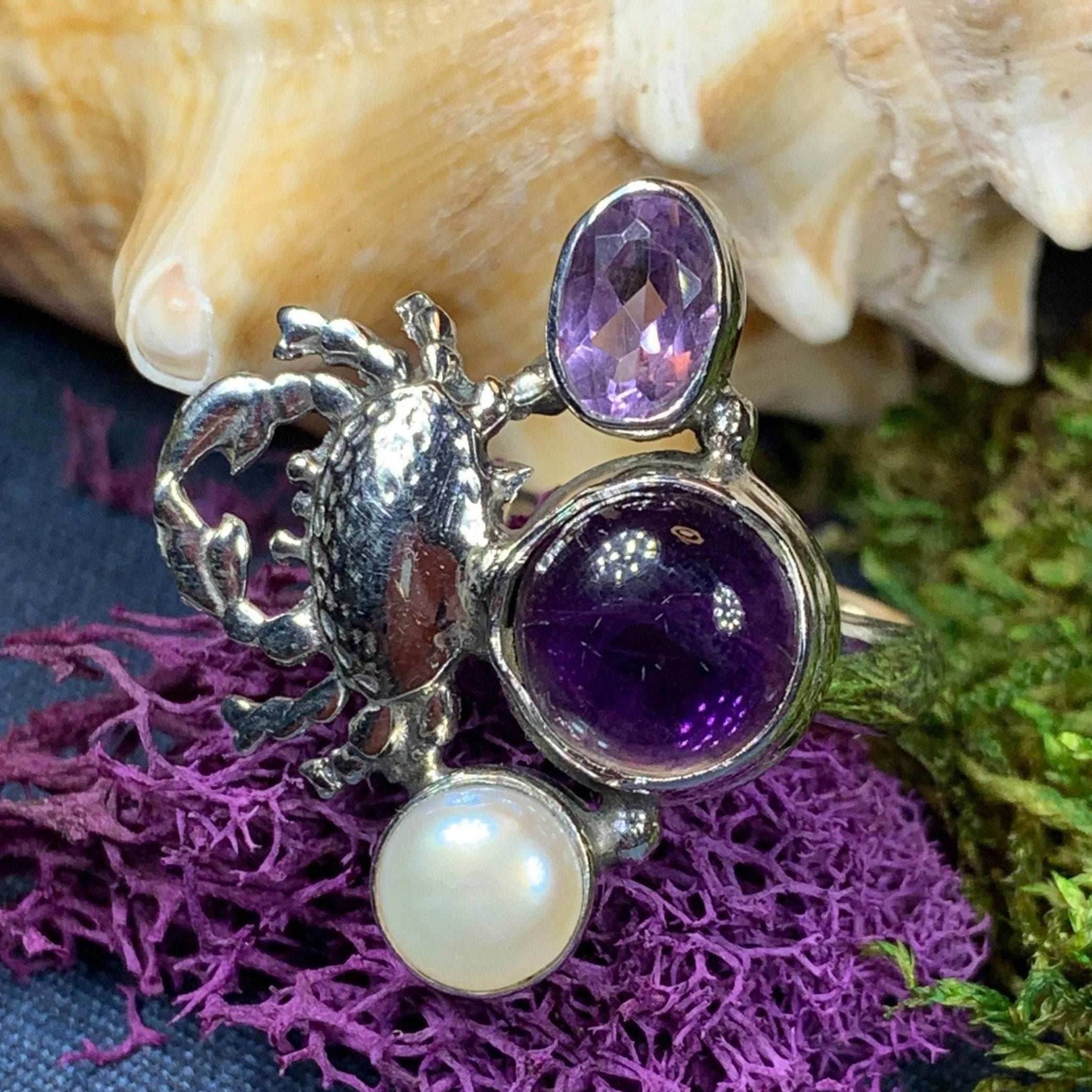 Purple Crab Ring - 9 / Amethyst/pearl