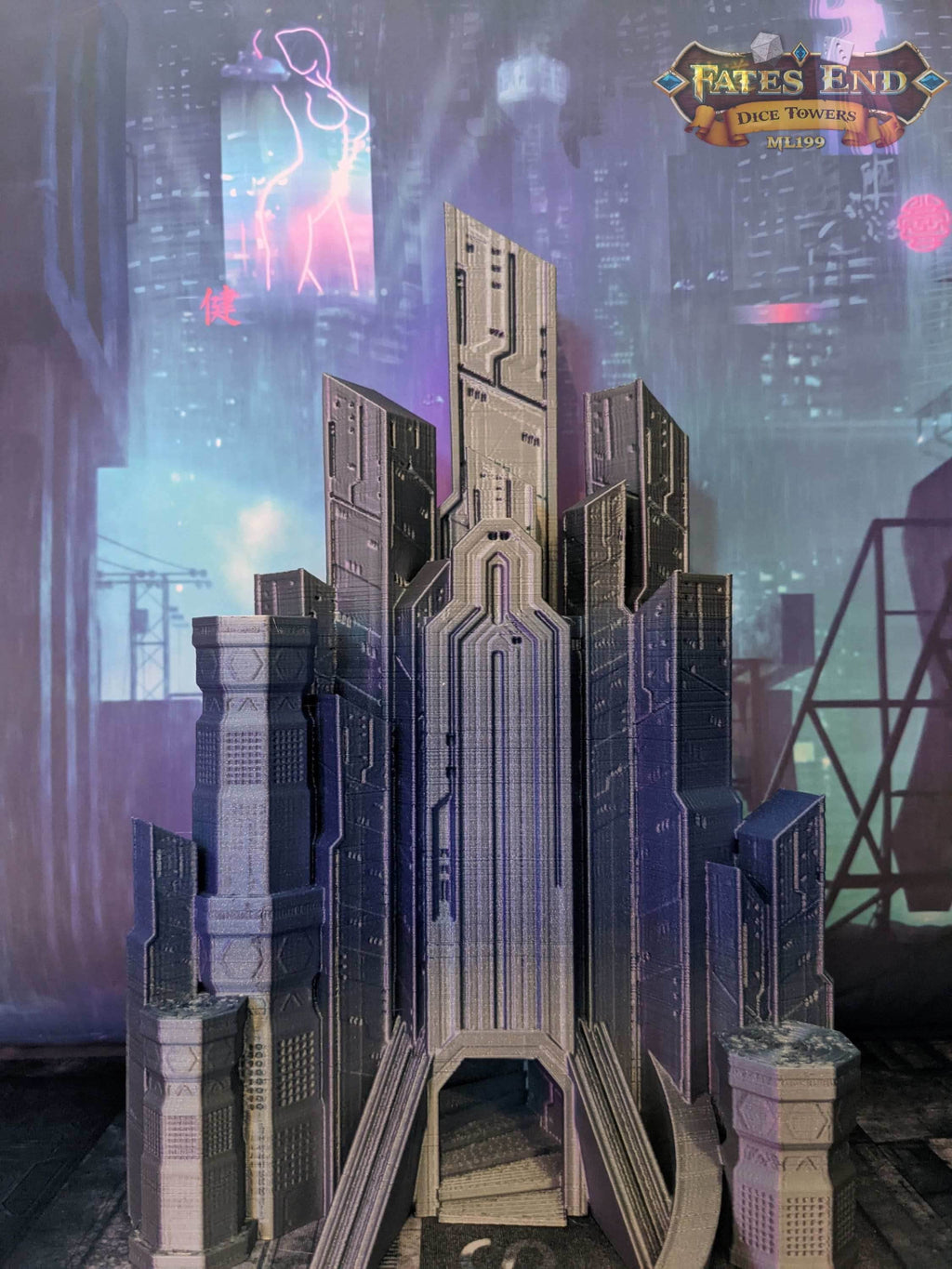 Cyberpunk Dice Tower - Fate's End Collection - Navigate Neon Realities and Futuristic Fates with Every Roll! - Black / Yes- Include Random Dice Set