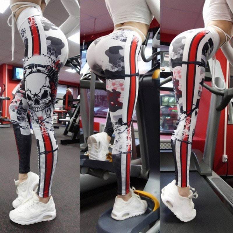 Skull Red Stripe Abstract Print Leggings | Yoga Pants | Dark Gothic Stretchy - Small