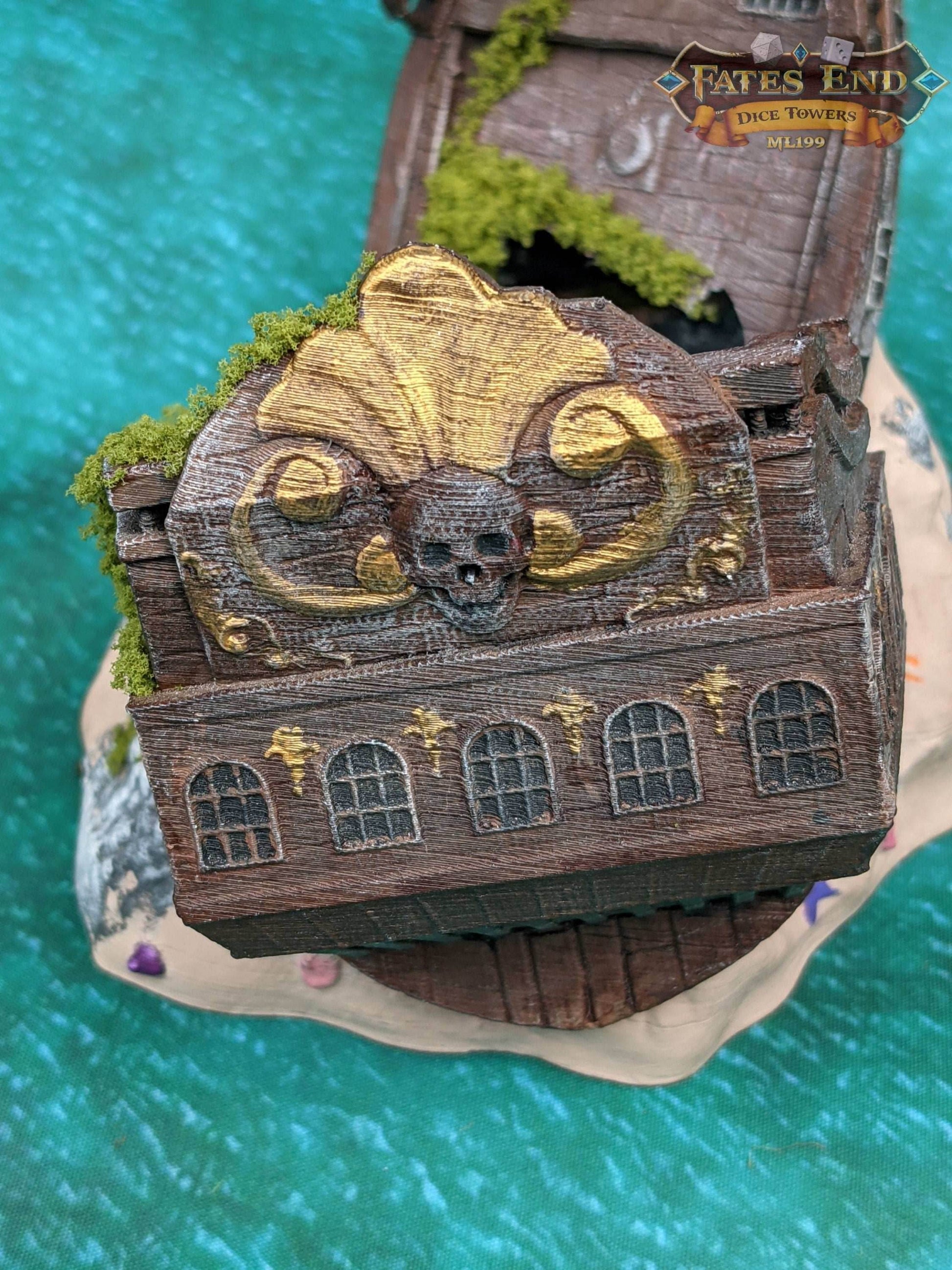 Pirate Ship 3D Printed Dice Tower - Fate's End Collection - Tabletop RPG Gaming Fantasy Cosplay - Sail Uncharted Waters of Fate in Flair . - Black / Yes- Include Random Dice Set