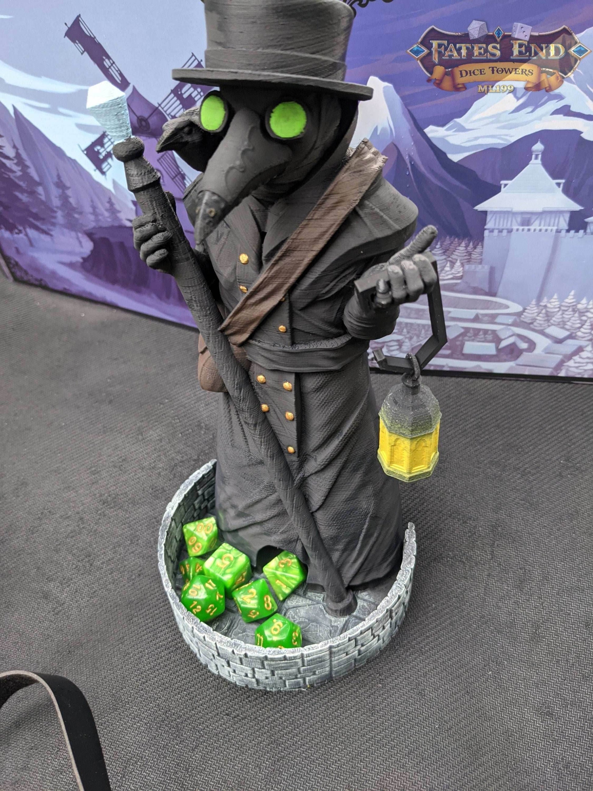 Plague Doctor 3D Printed Dice Tower | RPG Dice Tray | Gothic Decor | Unique Gift - Embrace Dark Ambiance! - Black / Yes- Include Random Dice Set