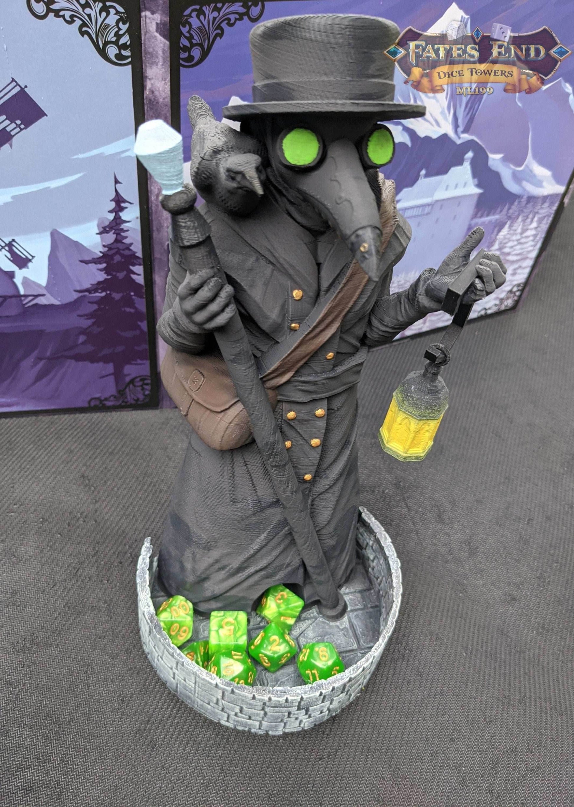 Plague Doctor 3D Printed Dice Tower | RPG Dice Tray | Gothic Decor | Unique Gift - Embrace Dark Ambiance! - Black / Yes- Include Random Dice Set