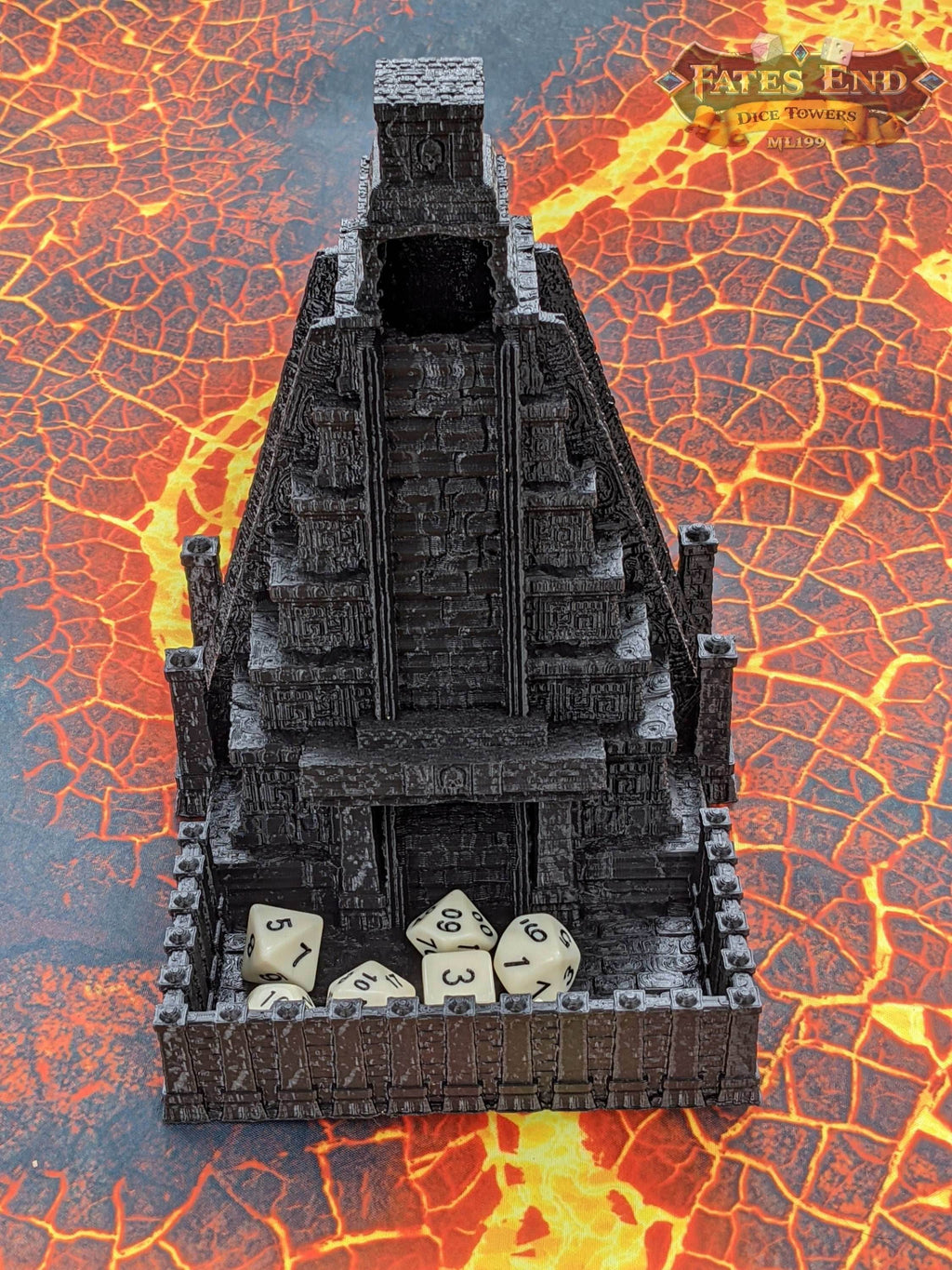 Aztec Style Temple 3D Printed Dice Tower - Fate's End Collection - Tabletop RPG - Unearth Ancient Rolls! - Black / Yes- Include Random Dice Set