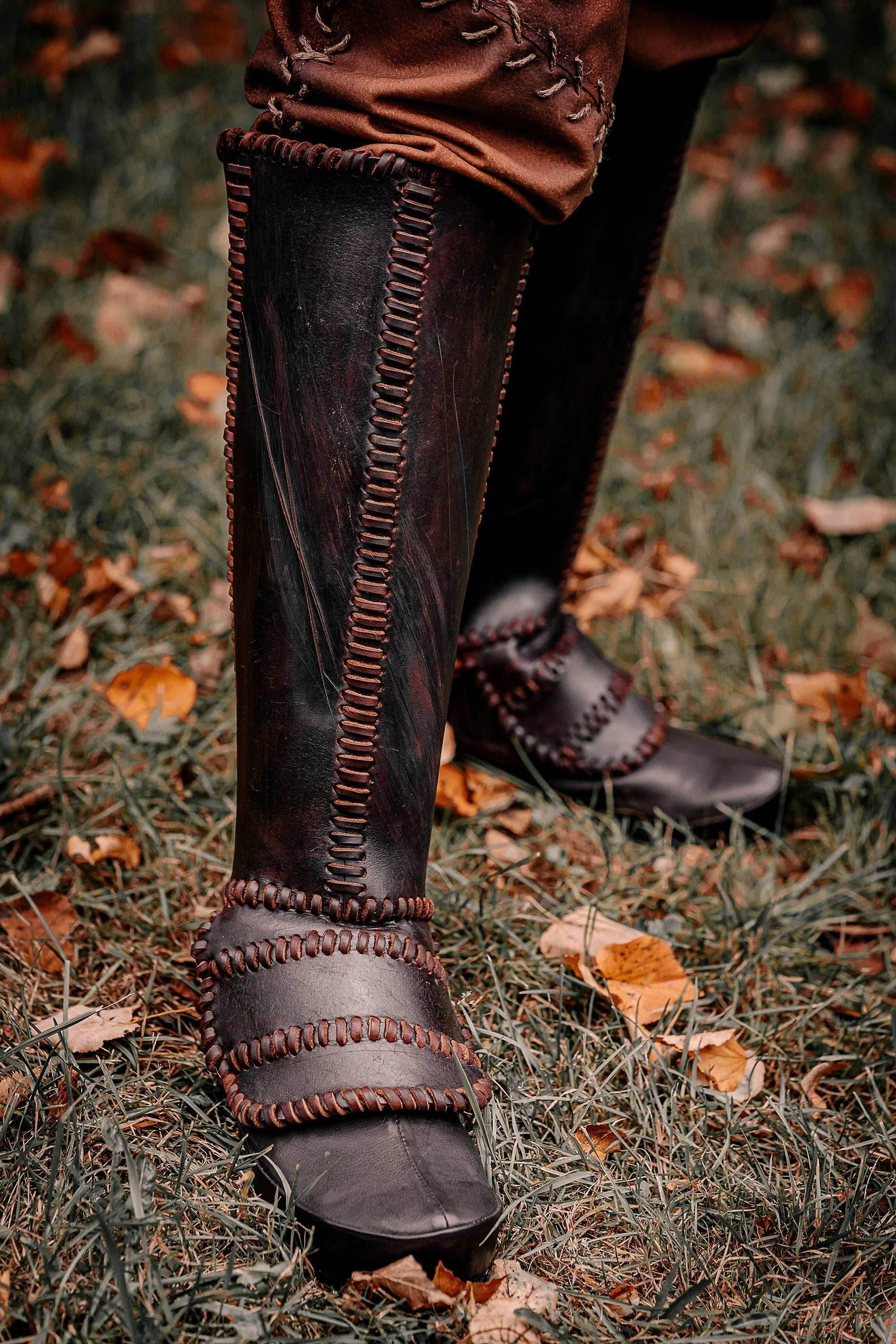 Viking leather shin guards - brown (lie photo) / S