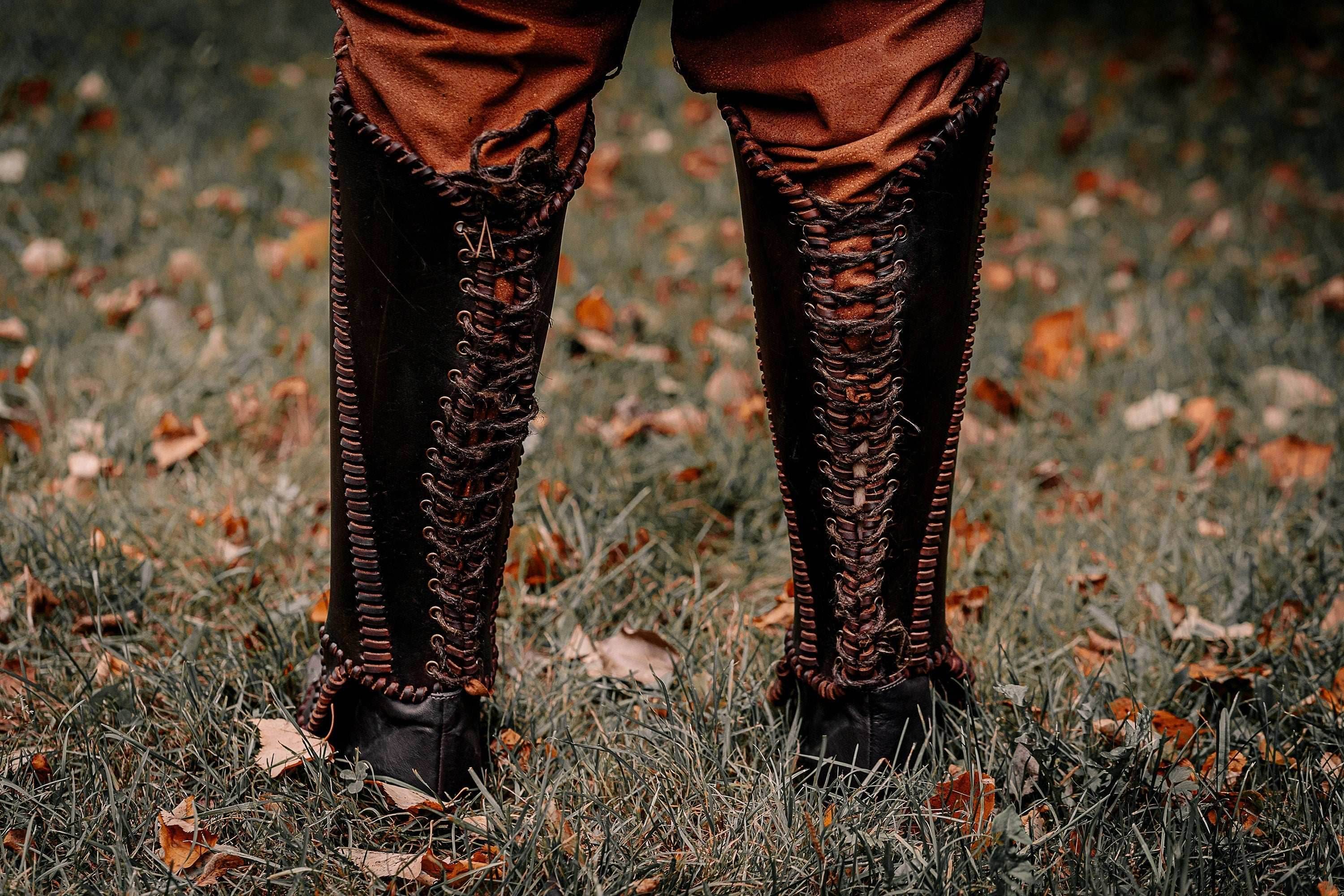Viking leather shin guards - brown (lie photo) / S