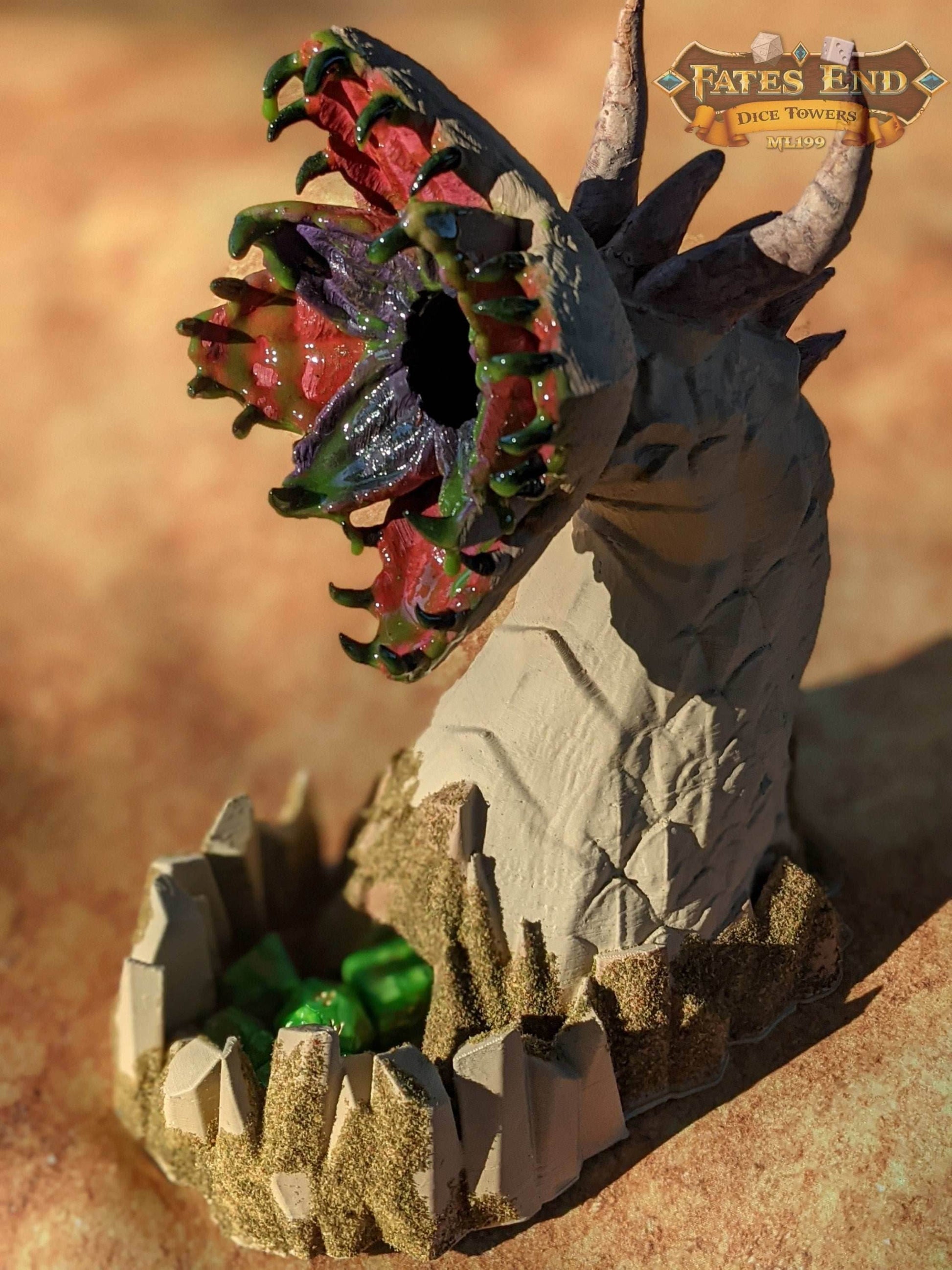 Dune Sand Worm 3D Printed Dice Tower - Fate's End Collection - Embark on a Thrilling Adventure! - Black / Yes- Include Random Dice Set