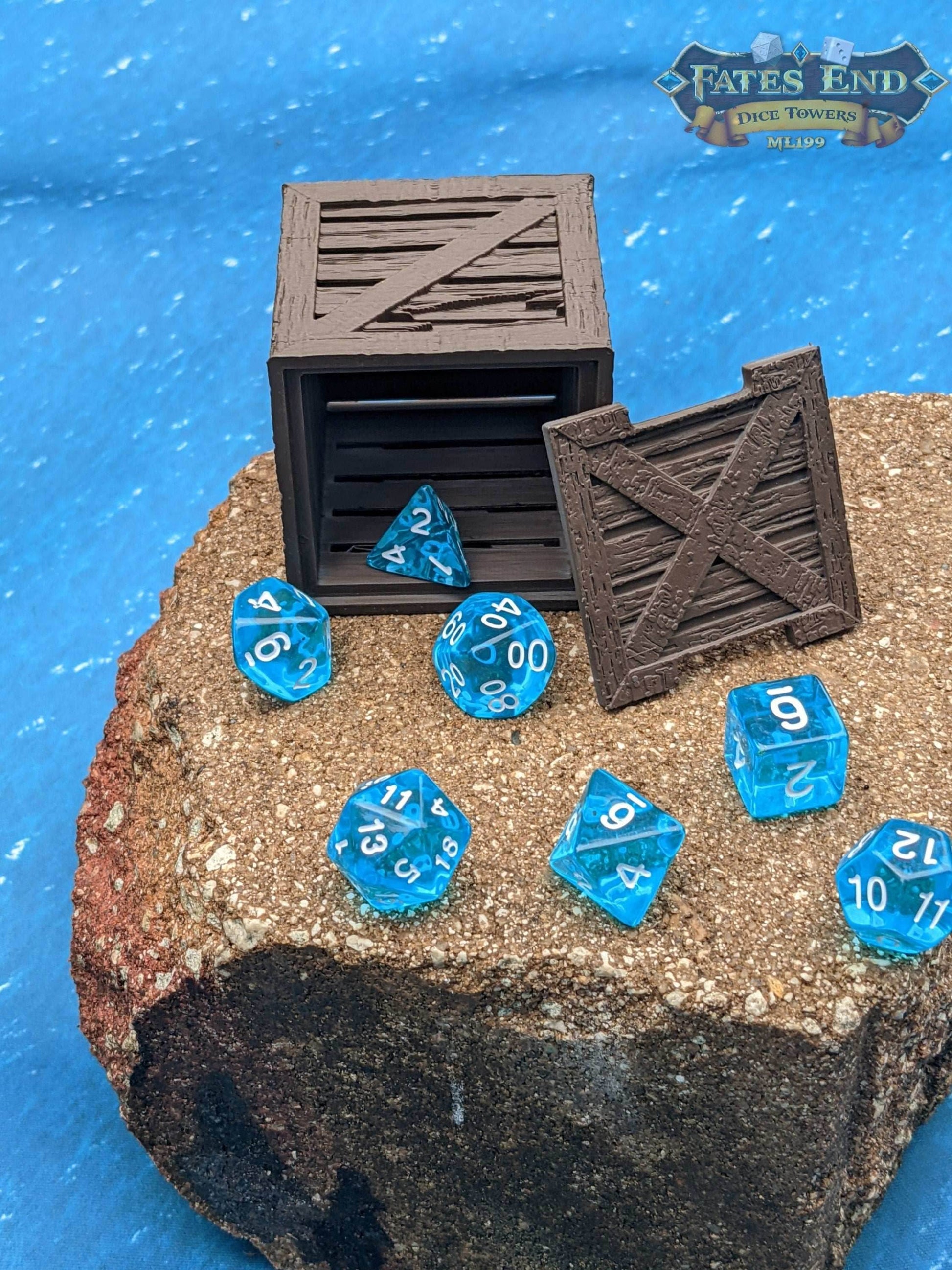Wooden Crate 3D Printed Dice Box/Dice Jail/Dice Vault - Fate's End Collection - Rustic Storage to organize your dice in style. - Black / Yes- Include Random Dice Set