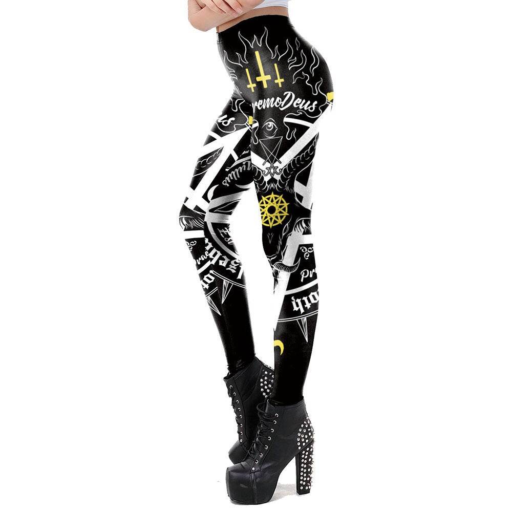 Occult Pentagram Print Leggings | Yoga Pants | Dark Skull Stretchy - Small