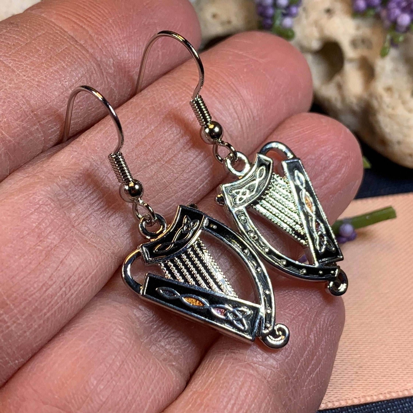Celtic Harp Earrings - Silver Tone