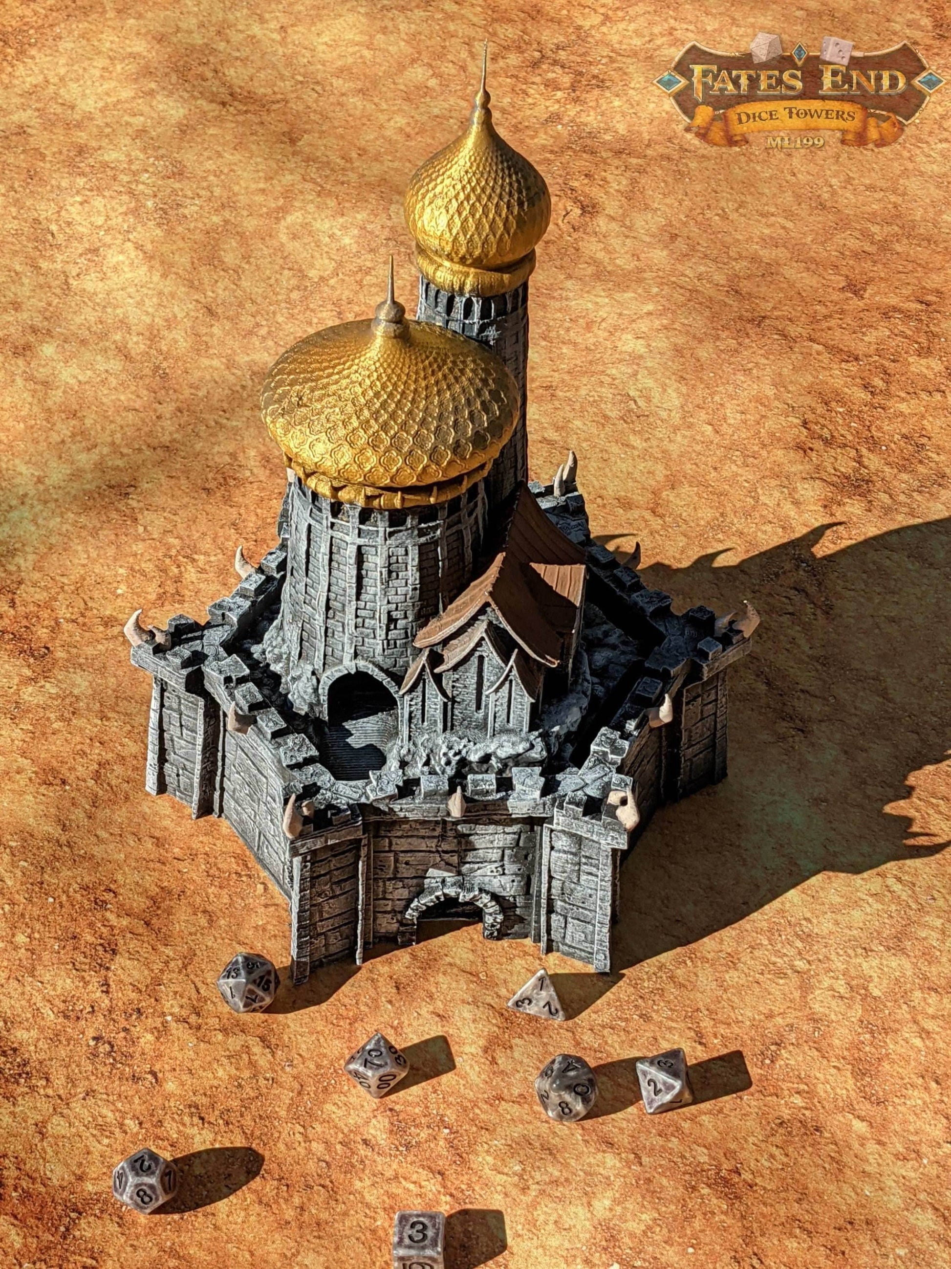 Dragonlance Weis-Hickman 3D Printed Dice Tower - Fate's End Collection - Embark on Legendary Quests, Honoring Epic Narratives with Each Roll - Black / Yes- Include Random Dice Set