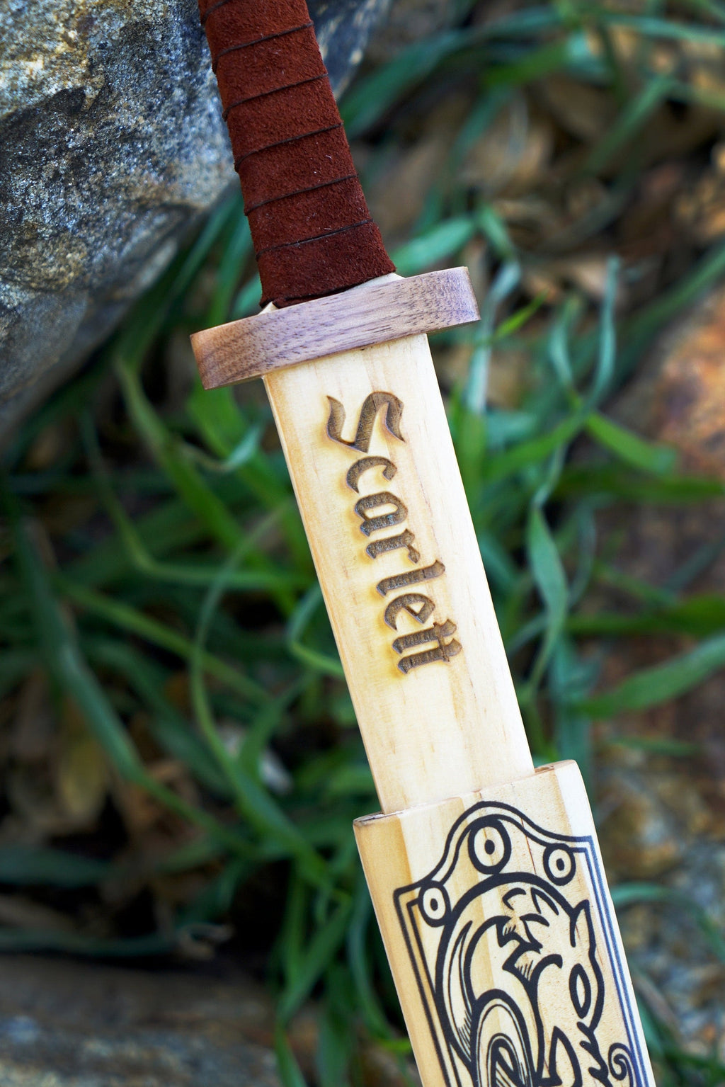 Mini Wooden Viking Sword with Norse Motif, Wooden Sheath and Leather Wrapped Handle